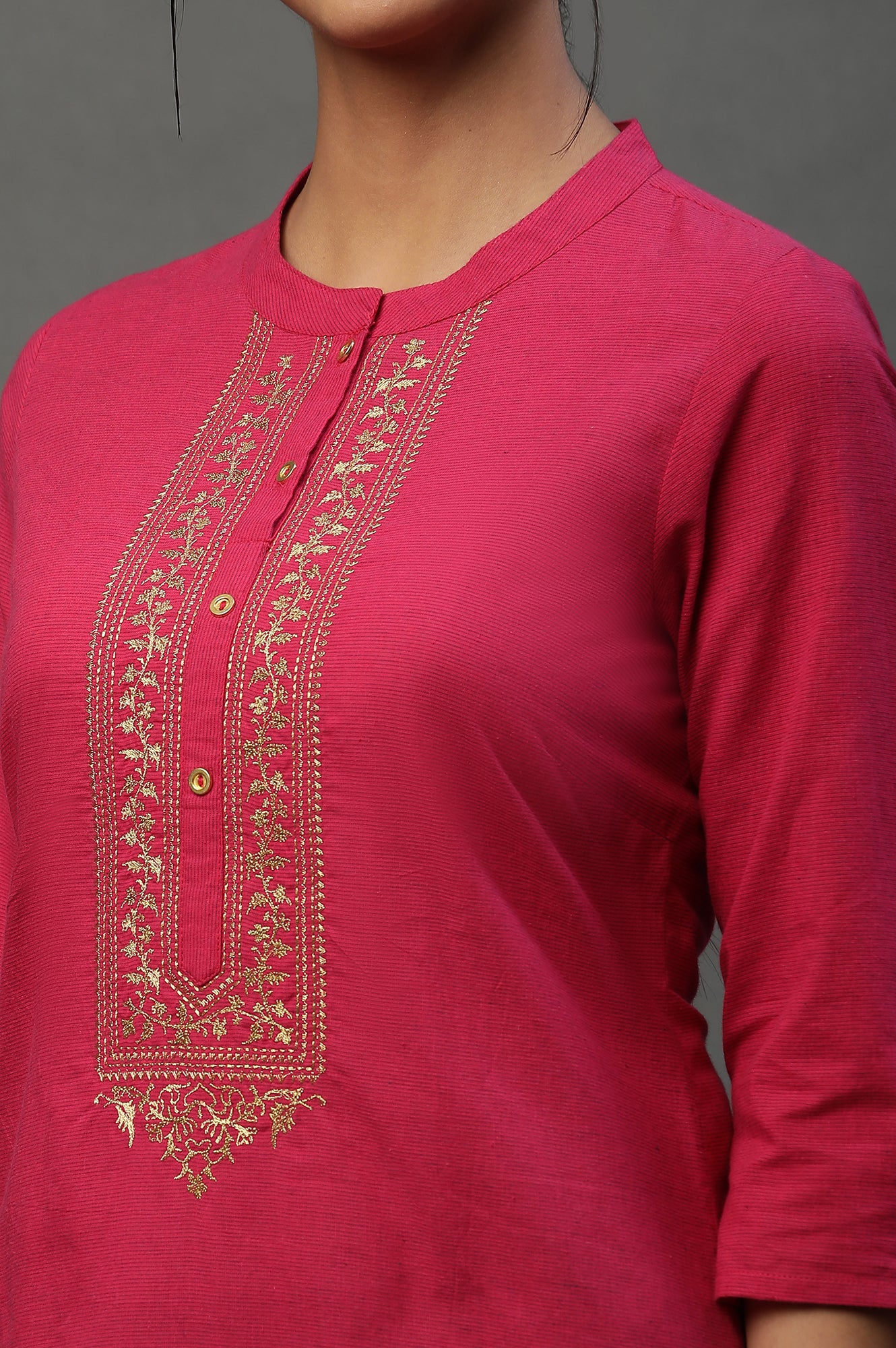 Pink Solid Cotton Kurta with Embellished Yoke - Image 7