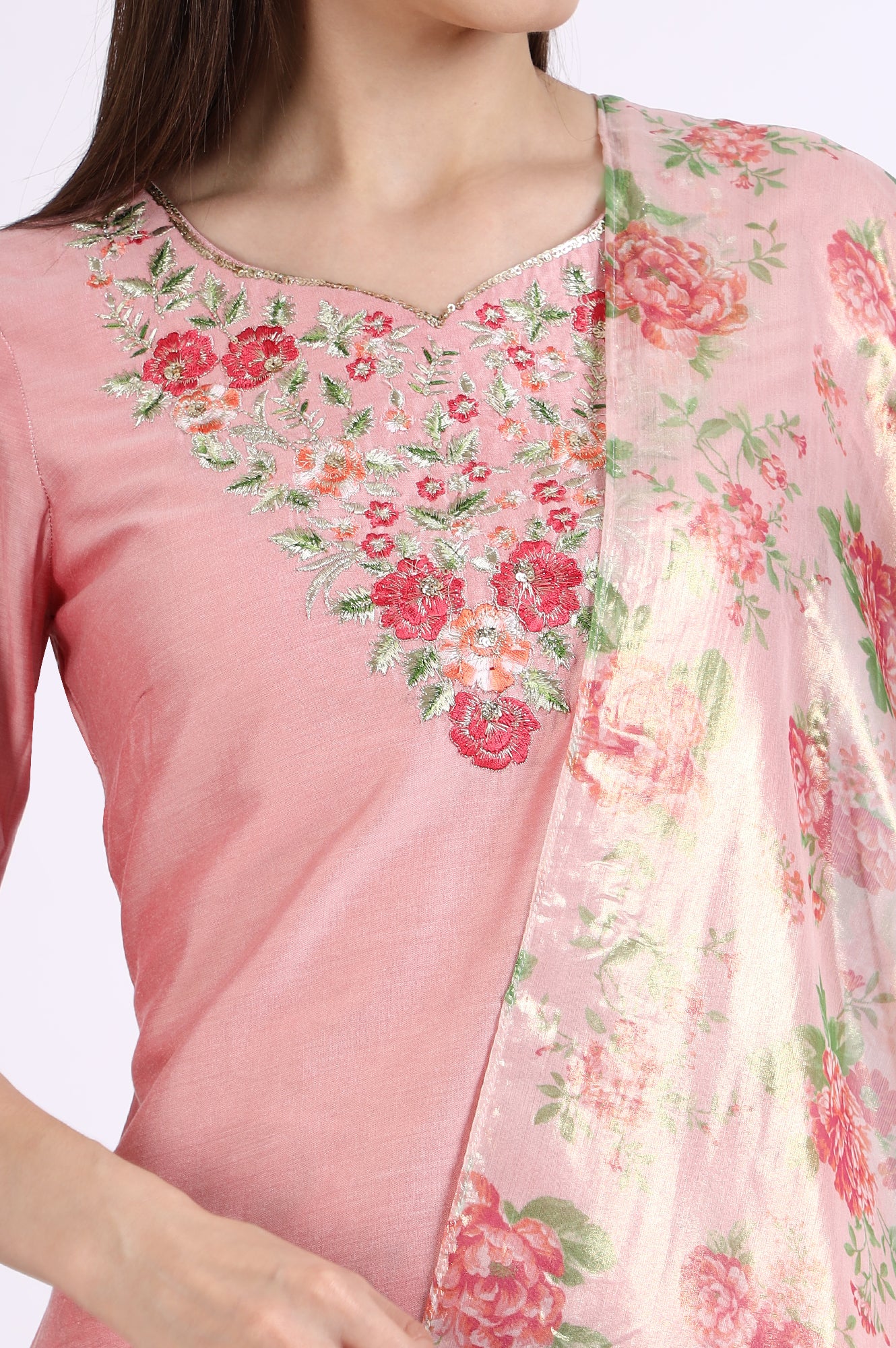 Pink Solid Embroidered Short Kurti and Sharara Set with Dupatta - Image 4