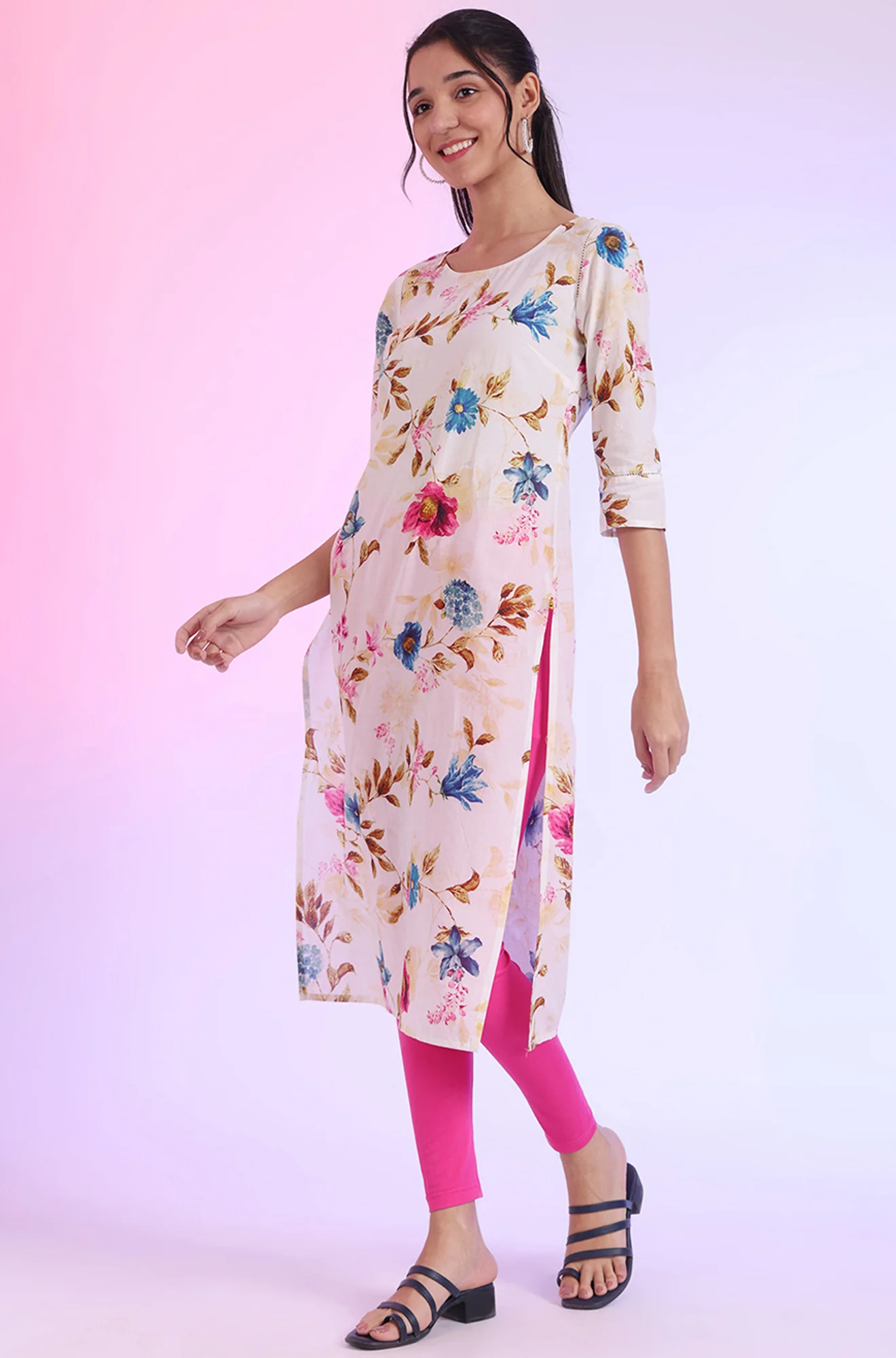 Pink Solid Plain Skinny Cotton Tights - Image 6