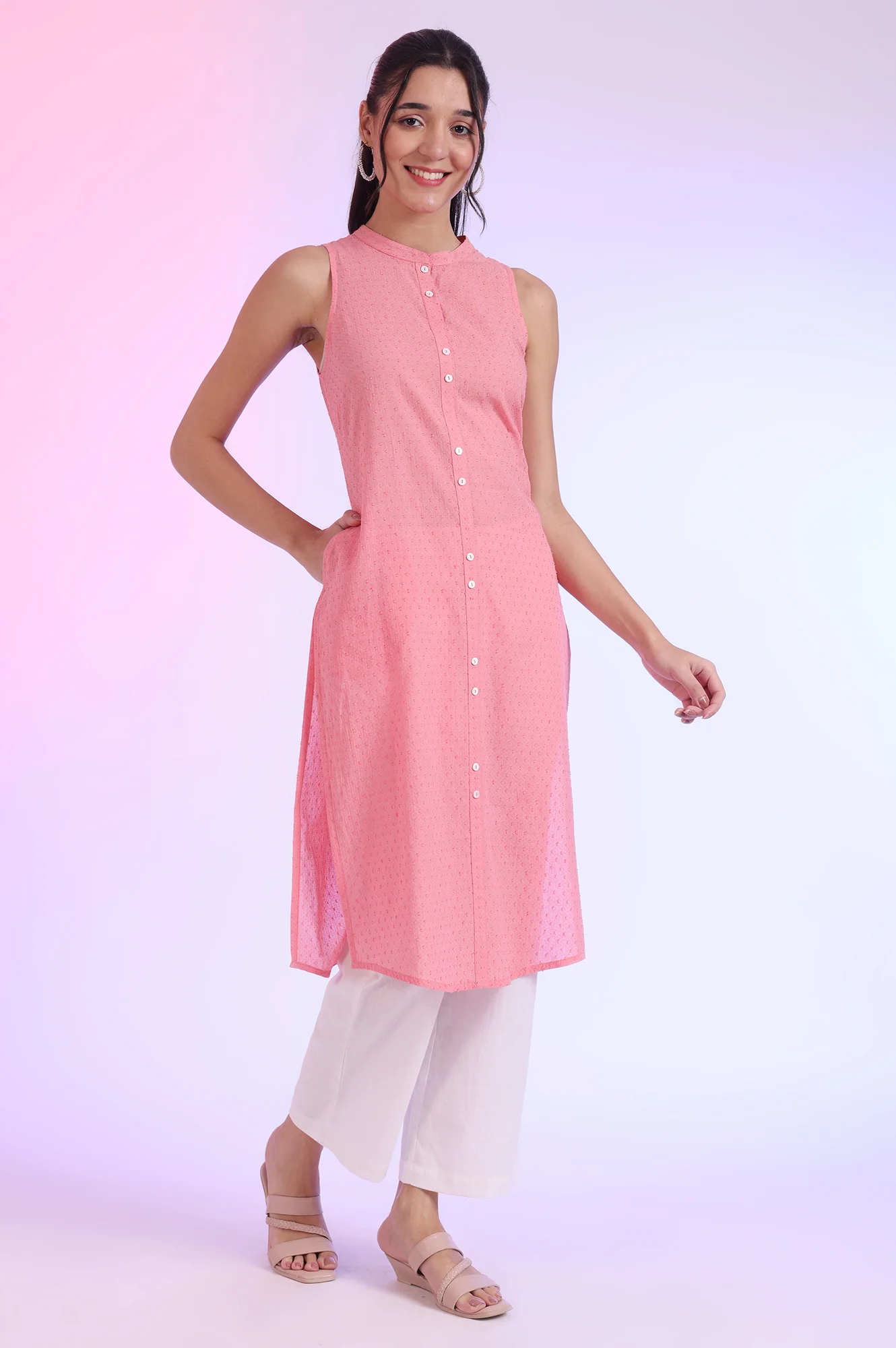 Pink Solid Straight Pure Cotton Kurta - Image 3