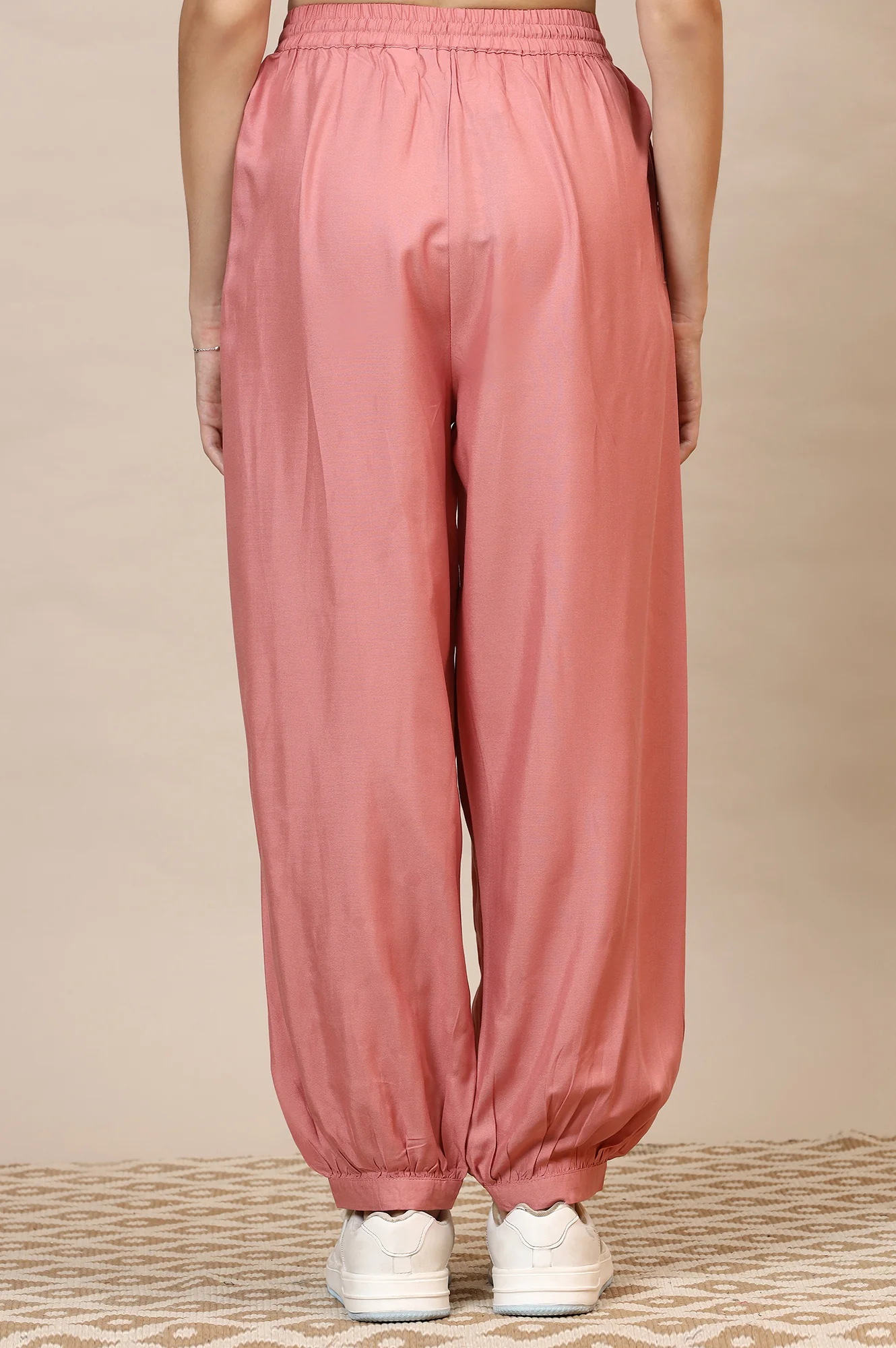 Pink Solid Loose Fit Rayon Dhoti Pants With Drawstring - Image 4