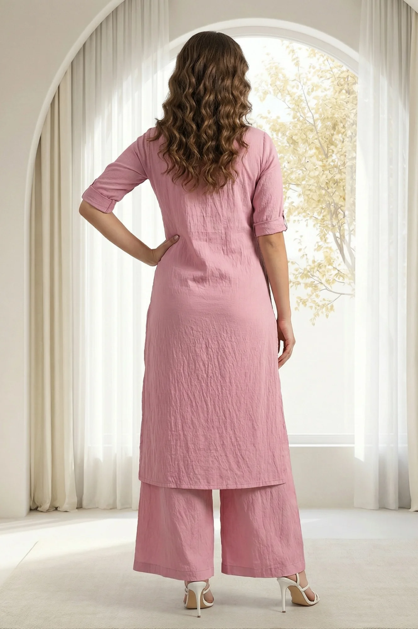 Pink Solid Straight Kurta and Palazzo Co-ord Set - Image 4