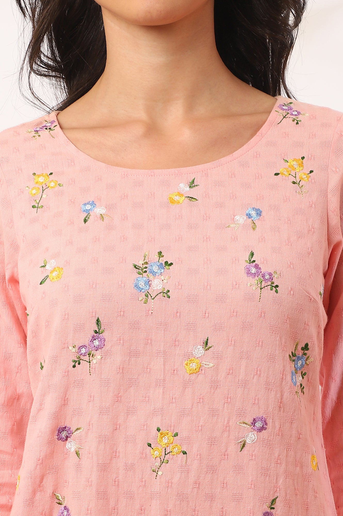 Pink Solid Zari Straight Pure Cotton Kurta - Image 4