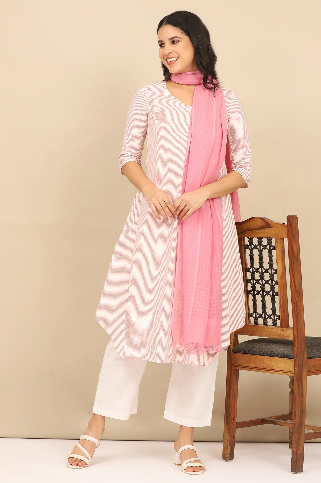 Pink South Cotton Stripe Dupatta - Image 3