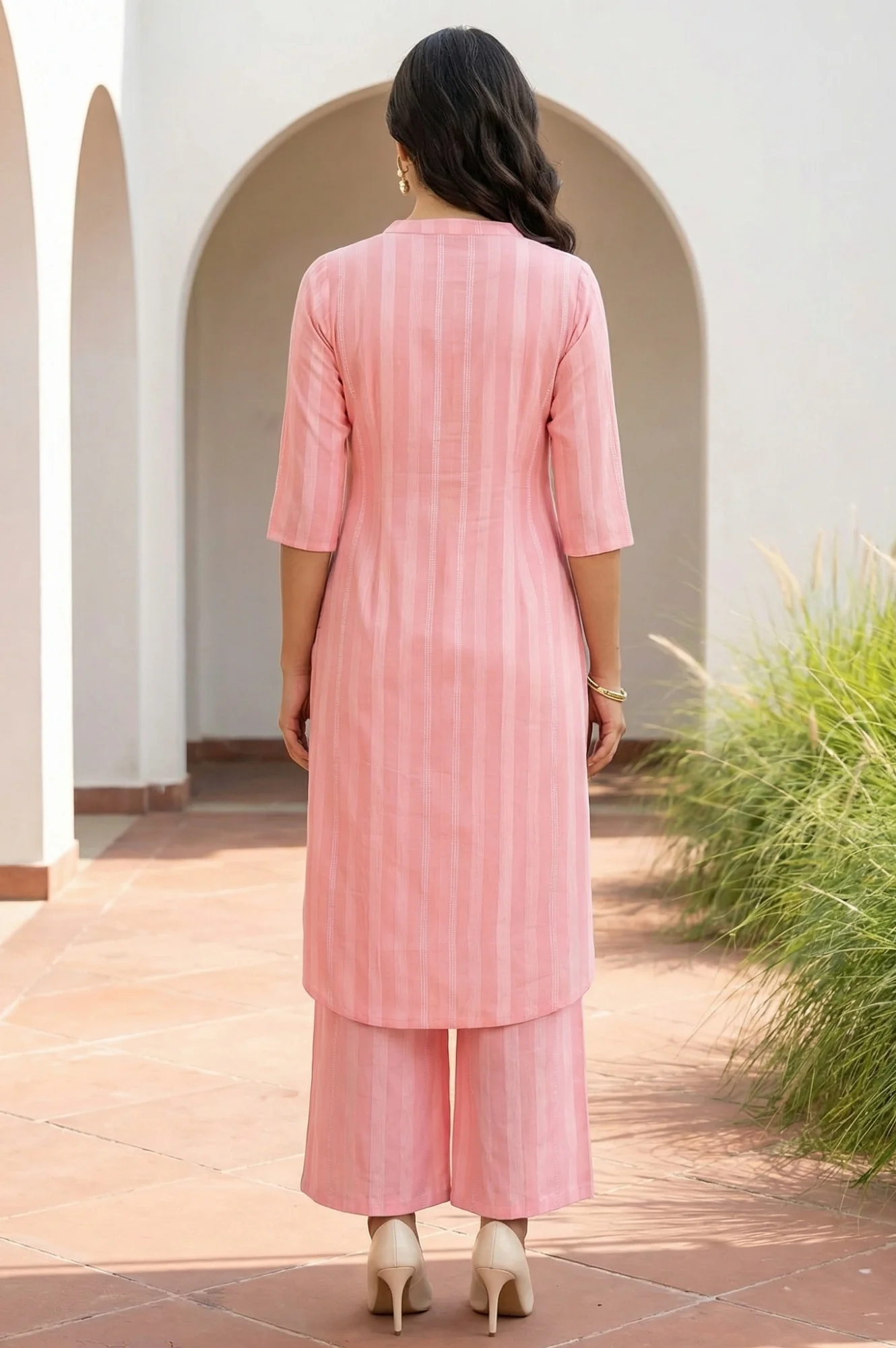 Pink Stripe Pure Cotton A-line Kurta - Image 6