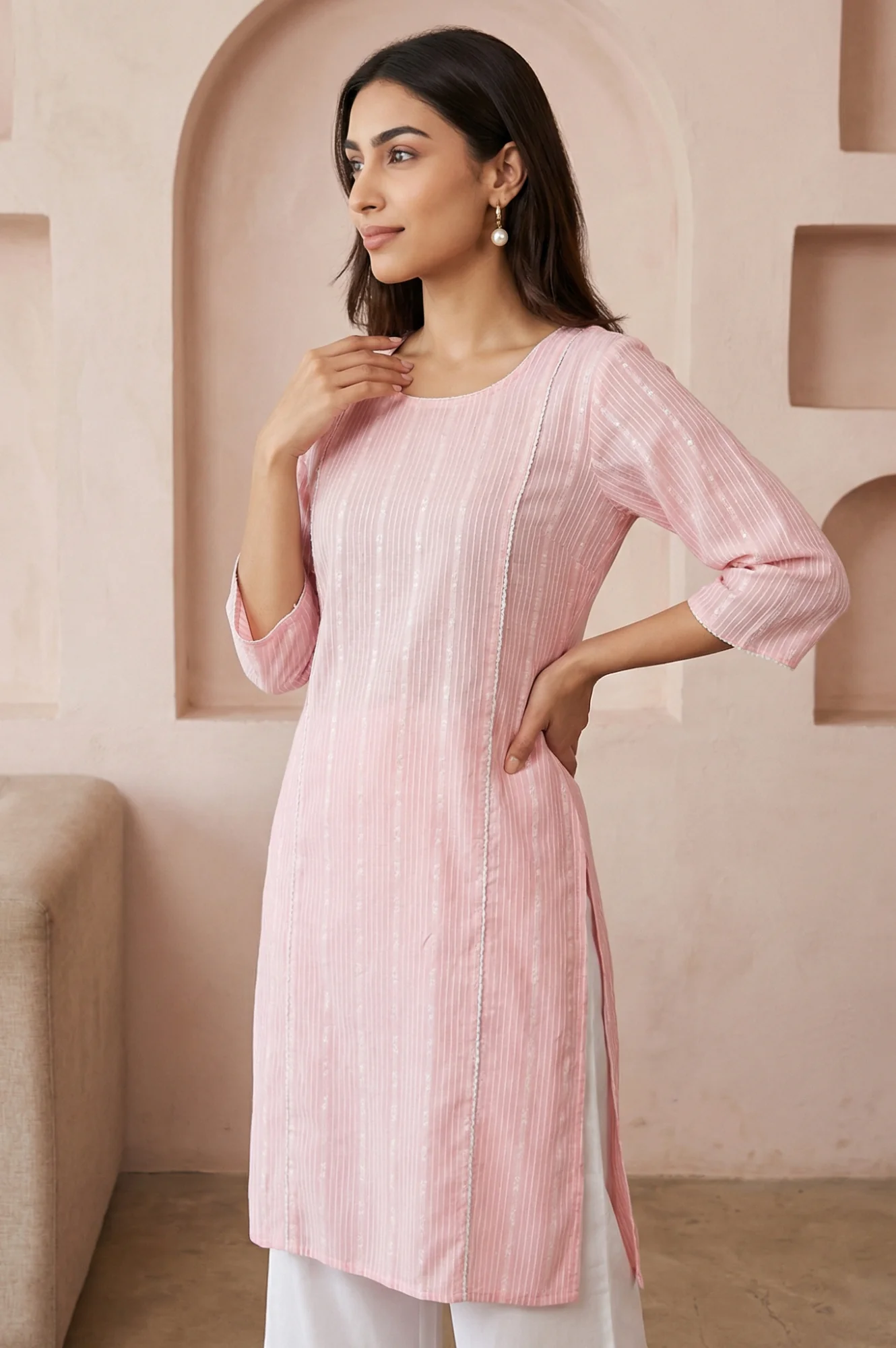 Pink Striped Cotton Blend Straight Kurta with Palazzo Set - Image 3