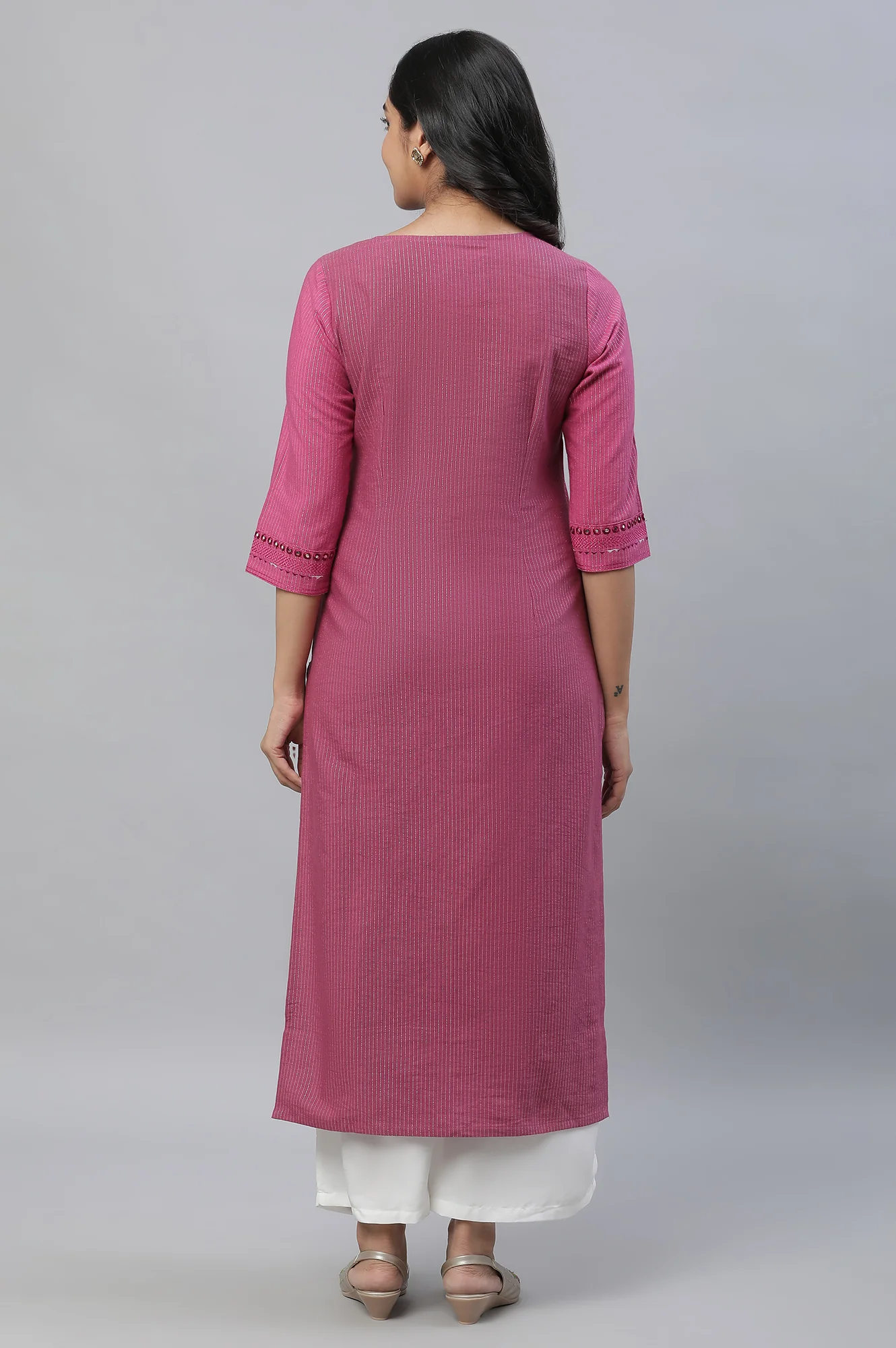 Pink Striped Embroidered Straight Cotton Kurta - Image 4