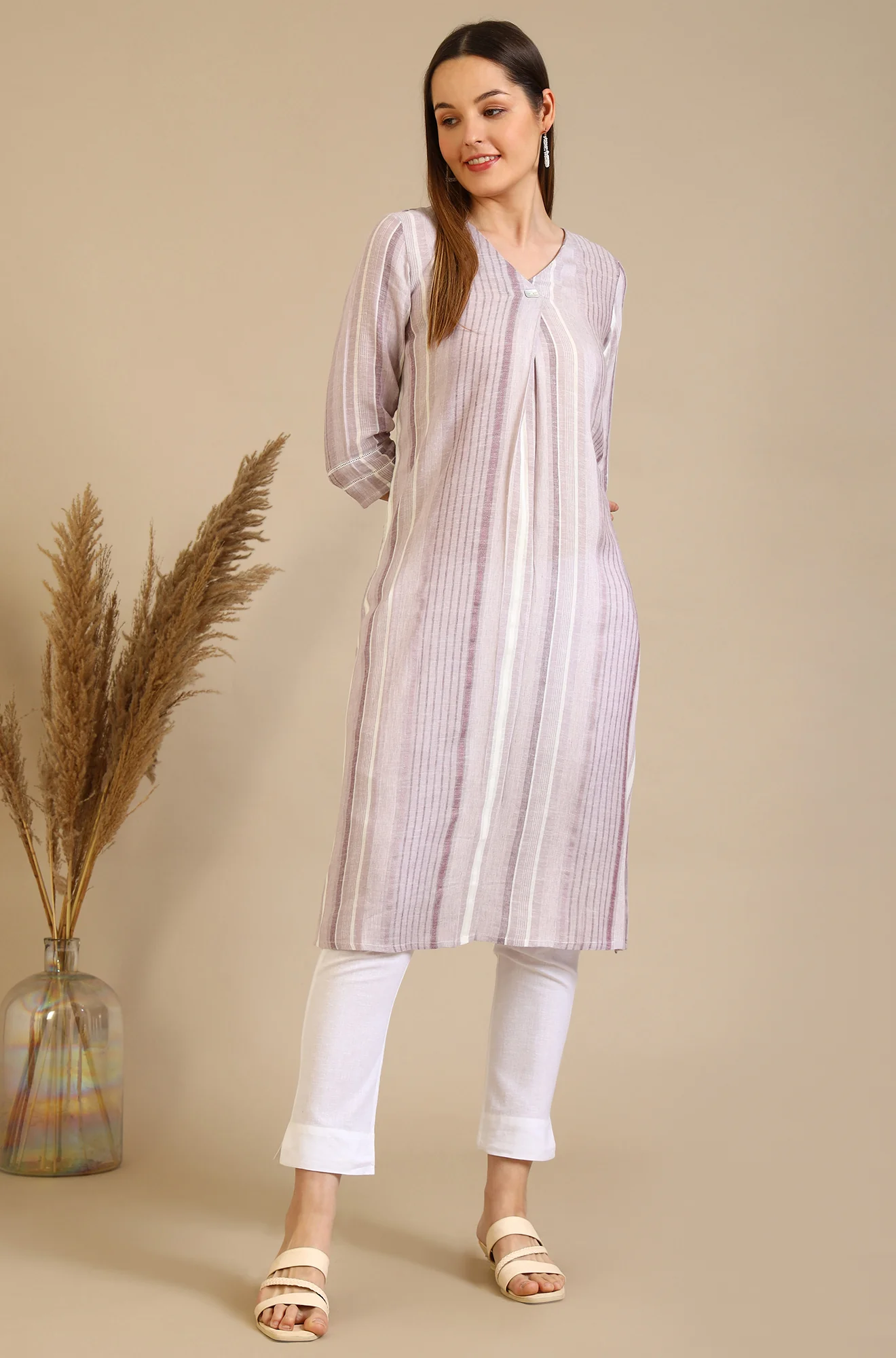 Pink Striped Straight Rayon Blend Kurta - Image 2