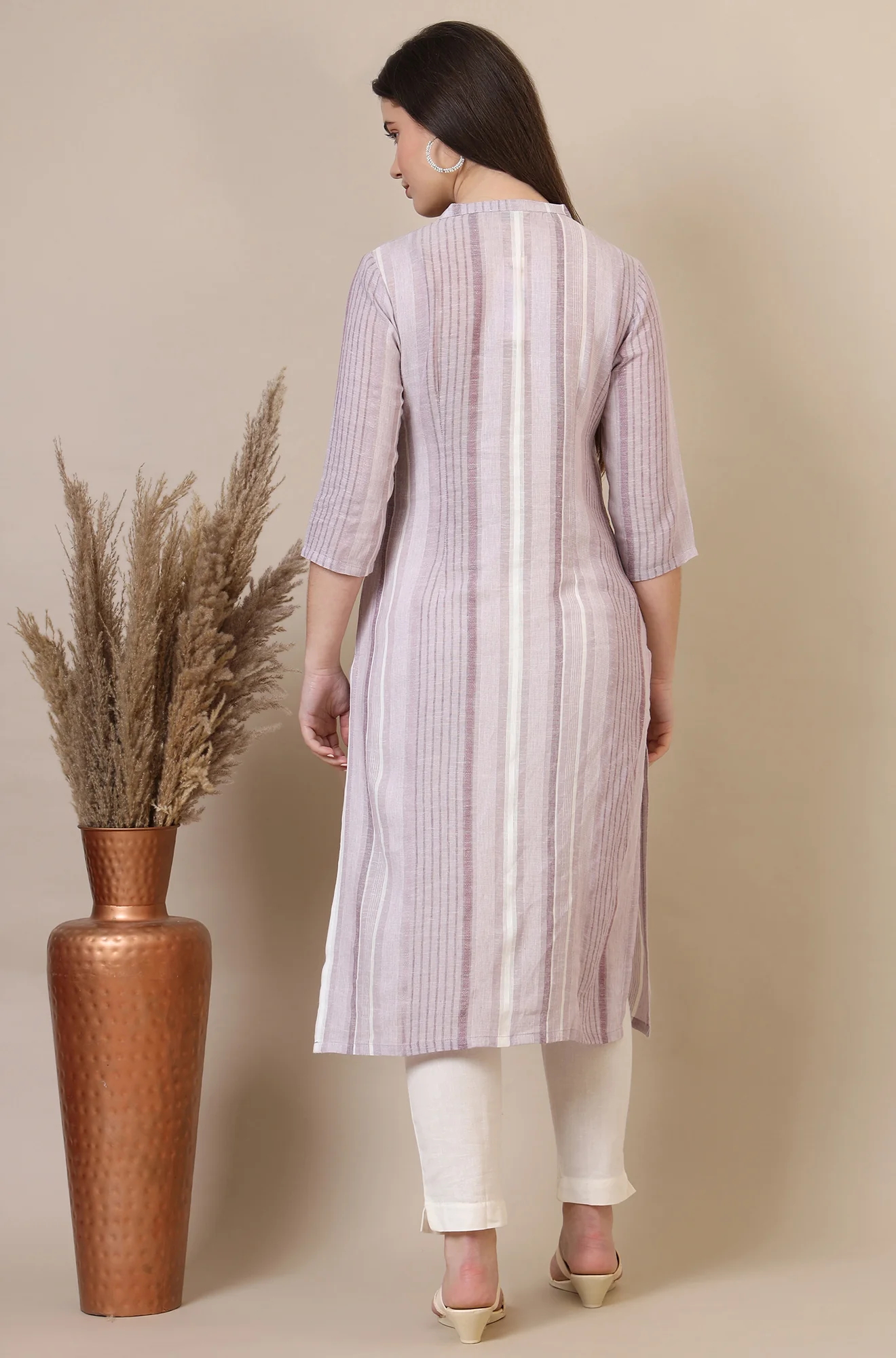Pink Striped Rayon Flax Straight Kurta - Image 6