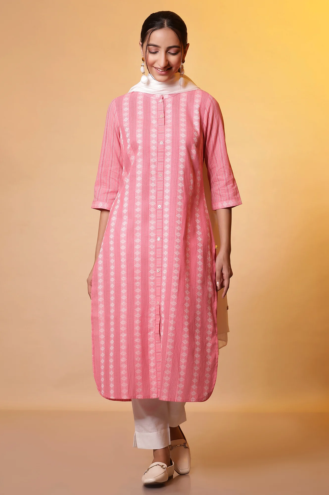 Pink Striped Shirt Style Kurta - Image 2