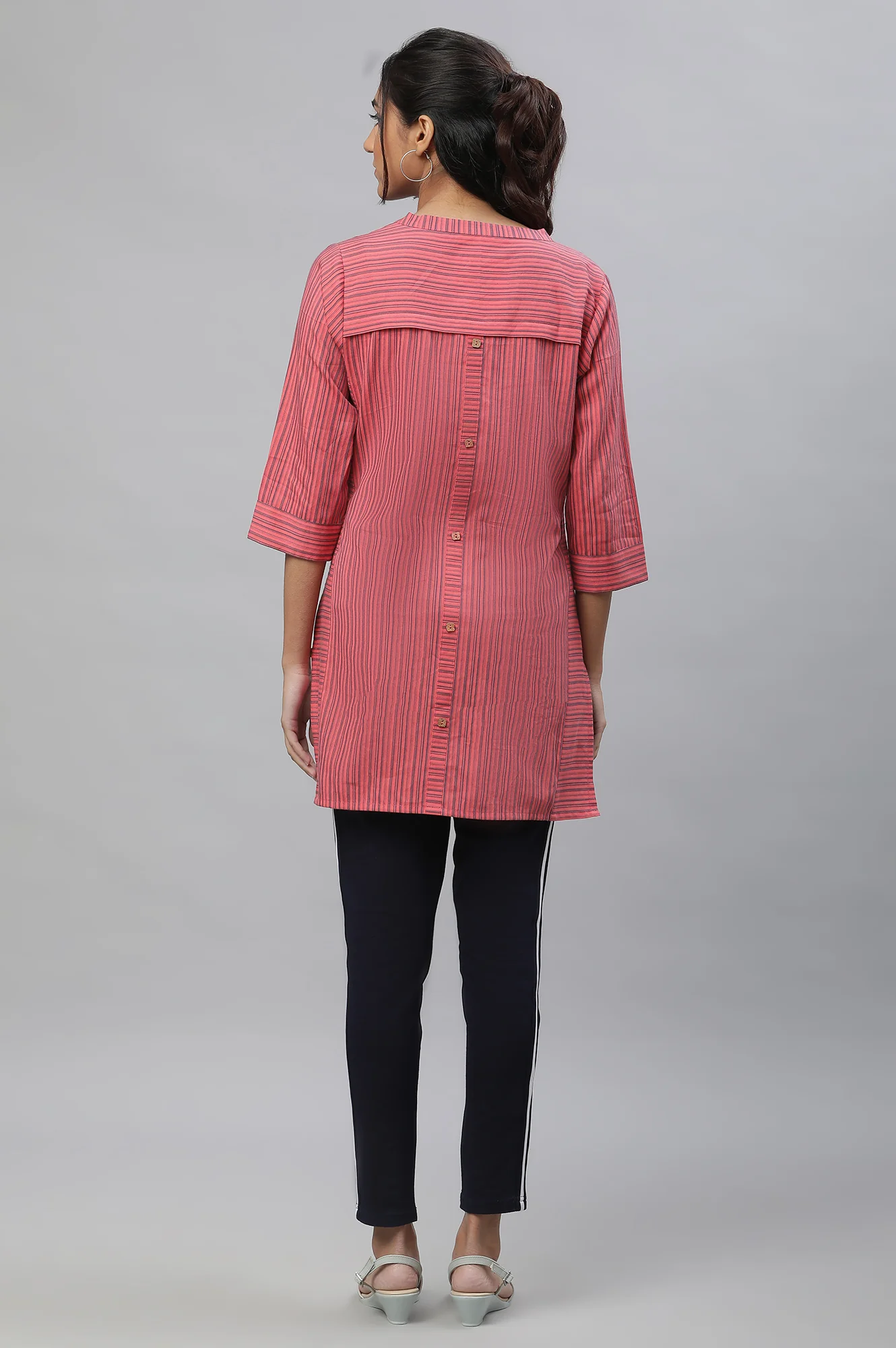 Pink V-Neck Short Rayon Kurti with Blue Stripes - Image 4