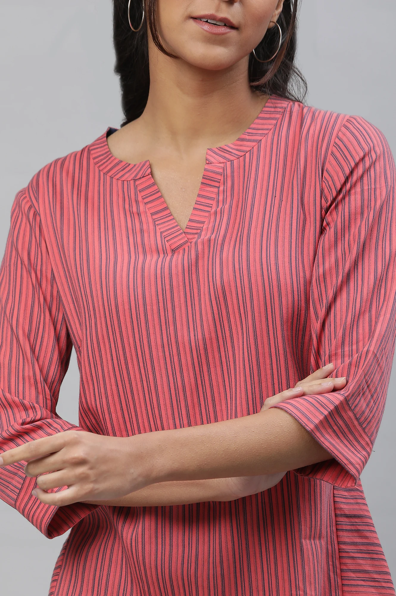 Pink V-Neck Short Rayon Kurti with Blue Stripes - Image 6