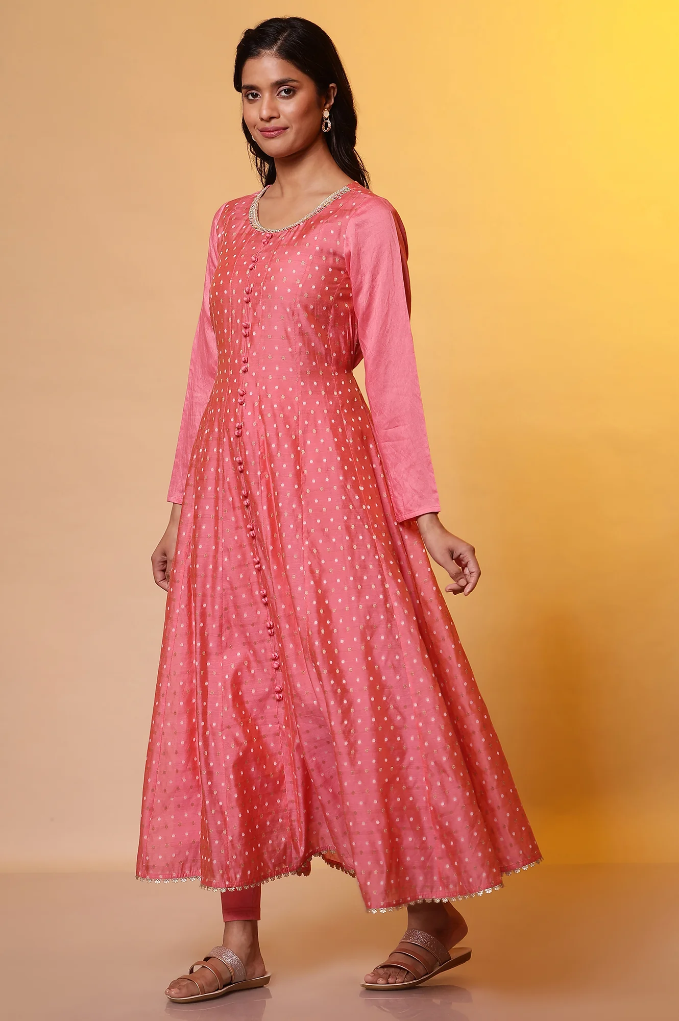 Pink Yarn-Dyed Anarkali Kurta, Tights and Dupatta Set - Image 3