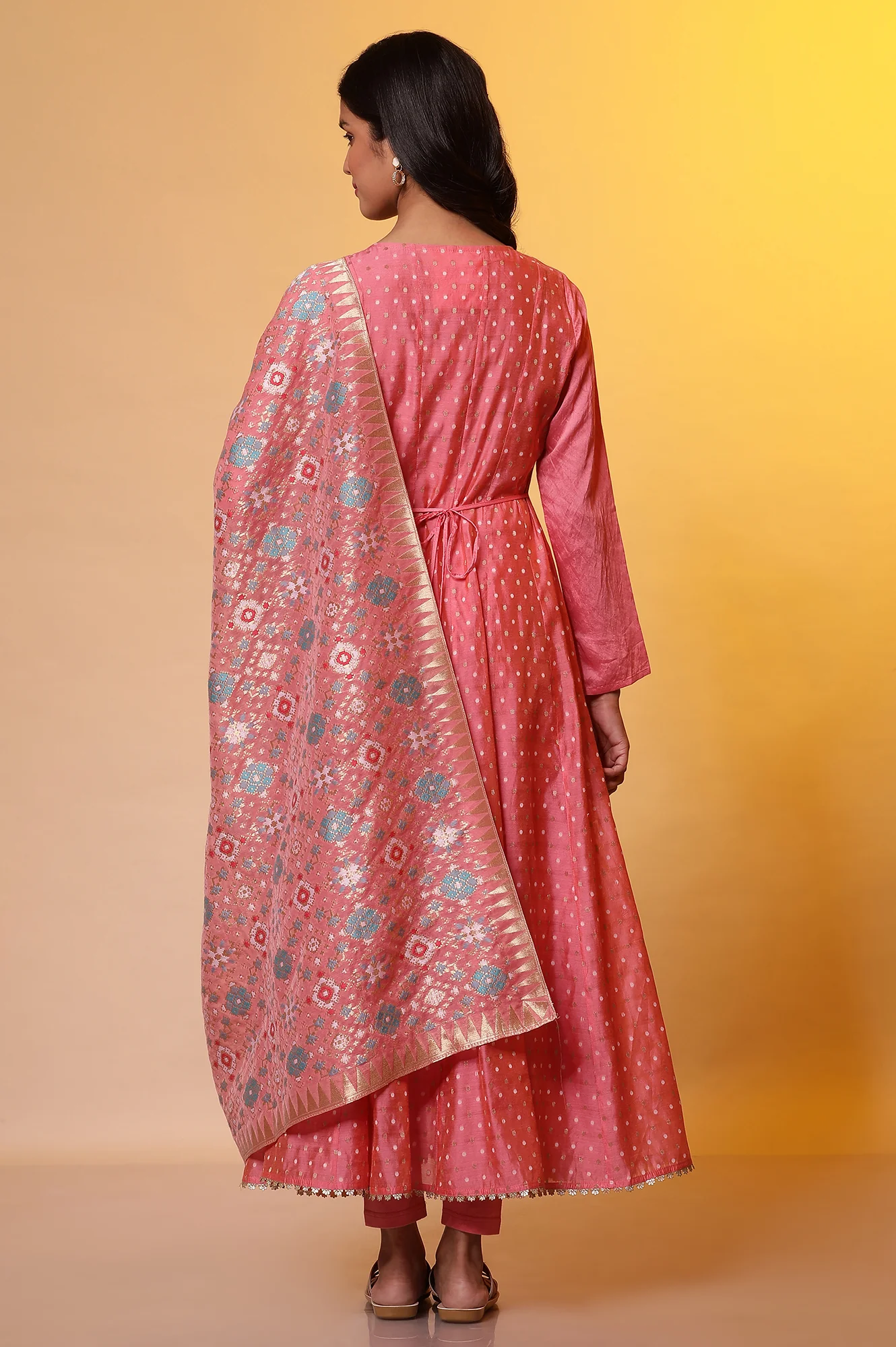 Pink Yarn-Dyed Anarkali Kurta, Tights and Dupatta Set - Image 4