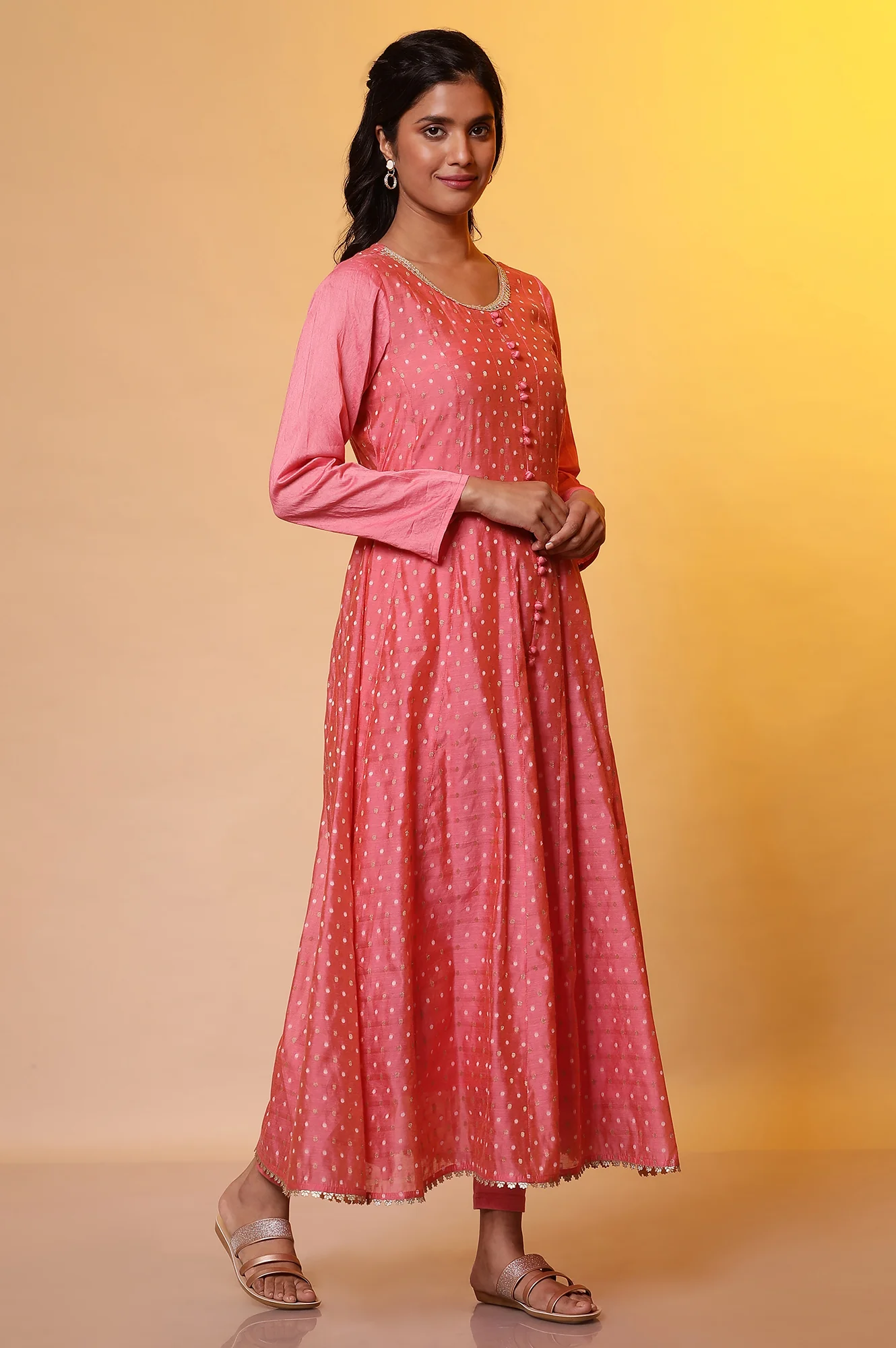Pink Yarn-Dyed Anarkali Kurta, Tights and Dupatta Set - Image 5