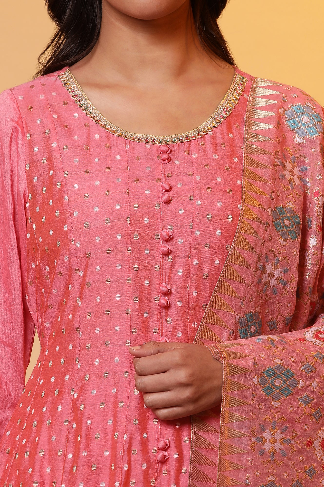 Pink Yarn-Dyed Anarkali Kurta, Tights and Dupatta Set - Image 6