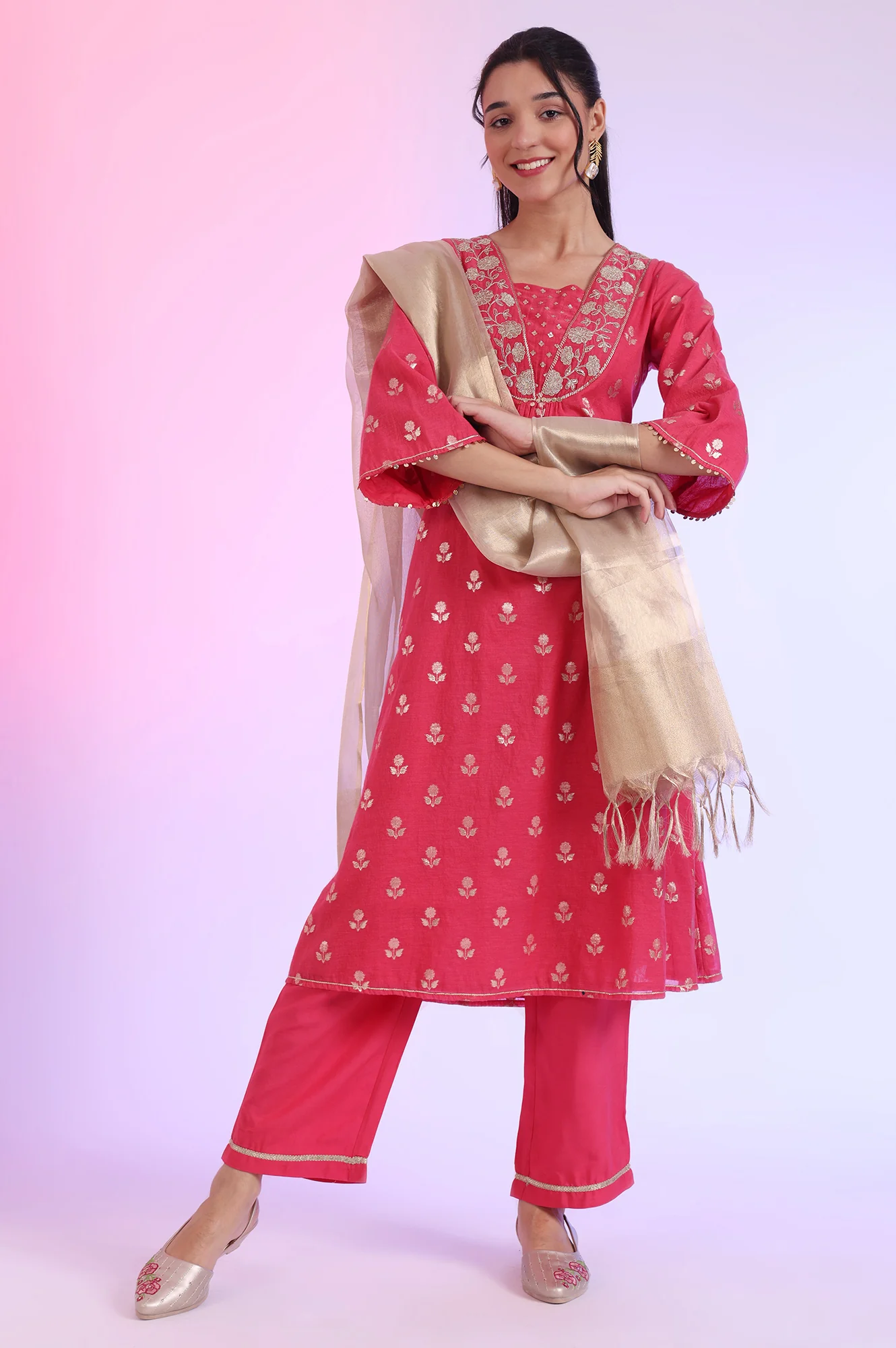 Pink Yarn Dyed Blend A-Line Kurta with Palazzos & Dupatta Set - Image 2