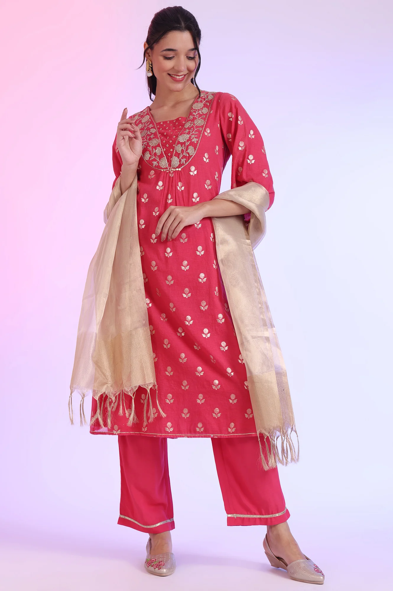 Pink Yarn Dyed Blend A-Line Kurta with Palazzos & Dupatta Set - Image 3