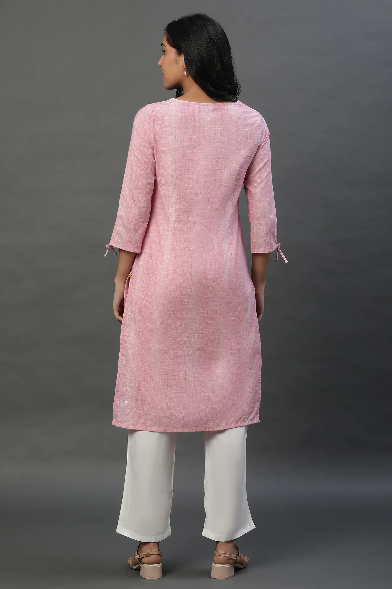 Pink Yarn Dyed Cotton Embroidered Kurta - Image 4