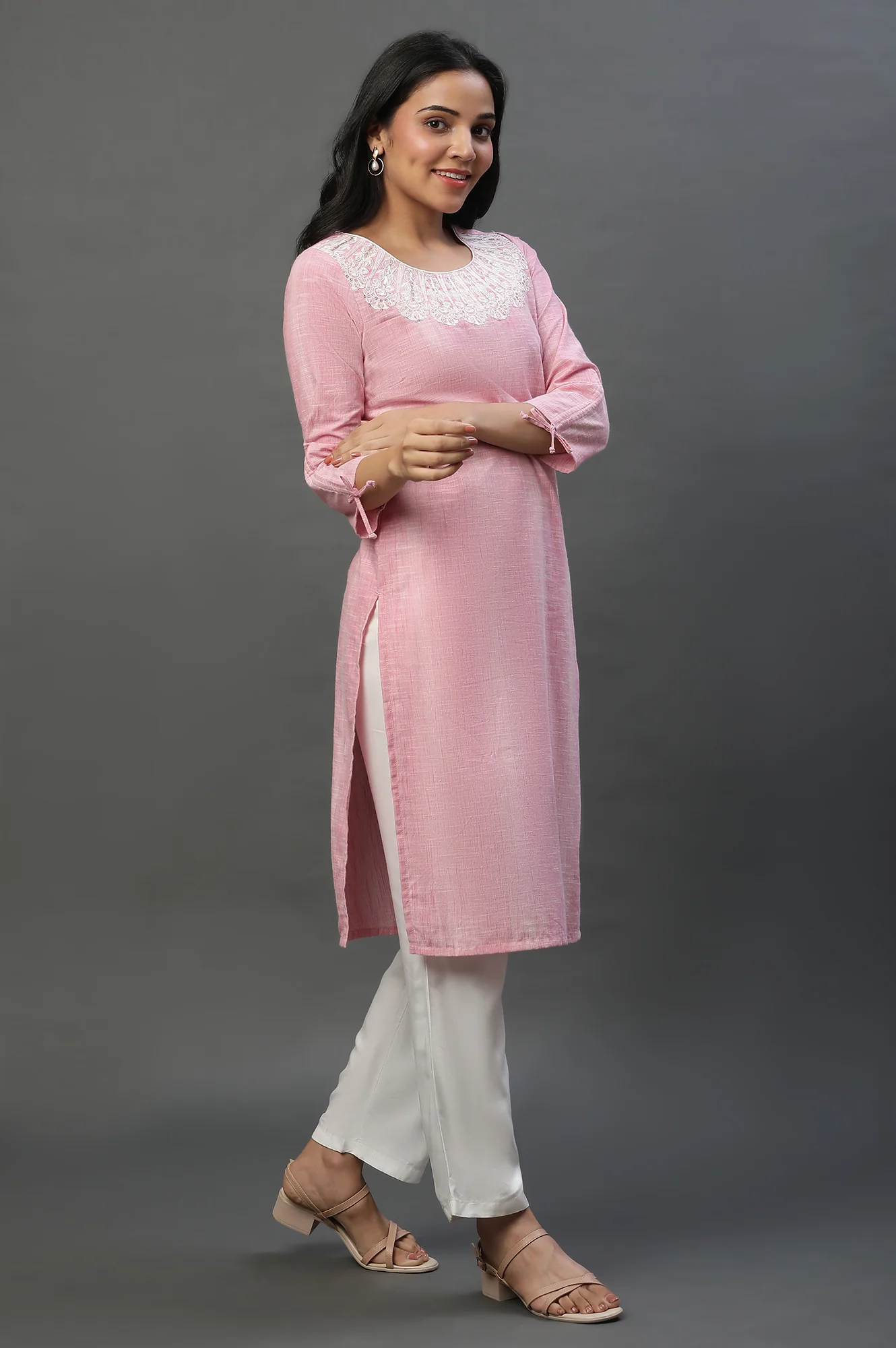 Pink Yarn Dyed Cotton Embroidered Kurta - Image 5