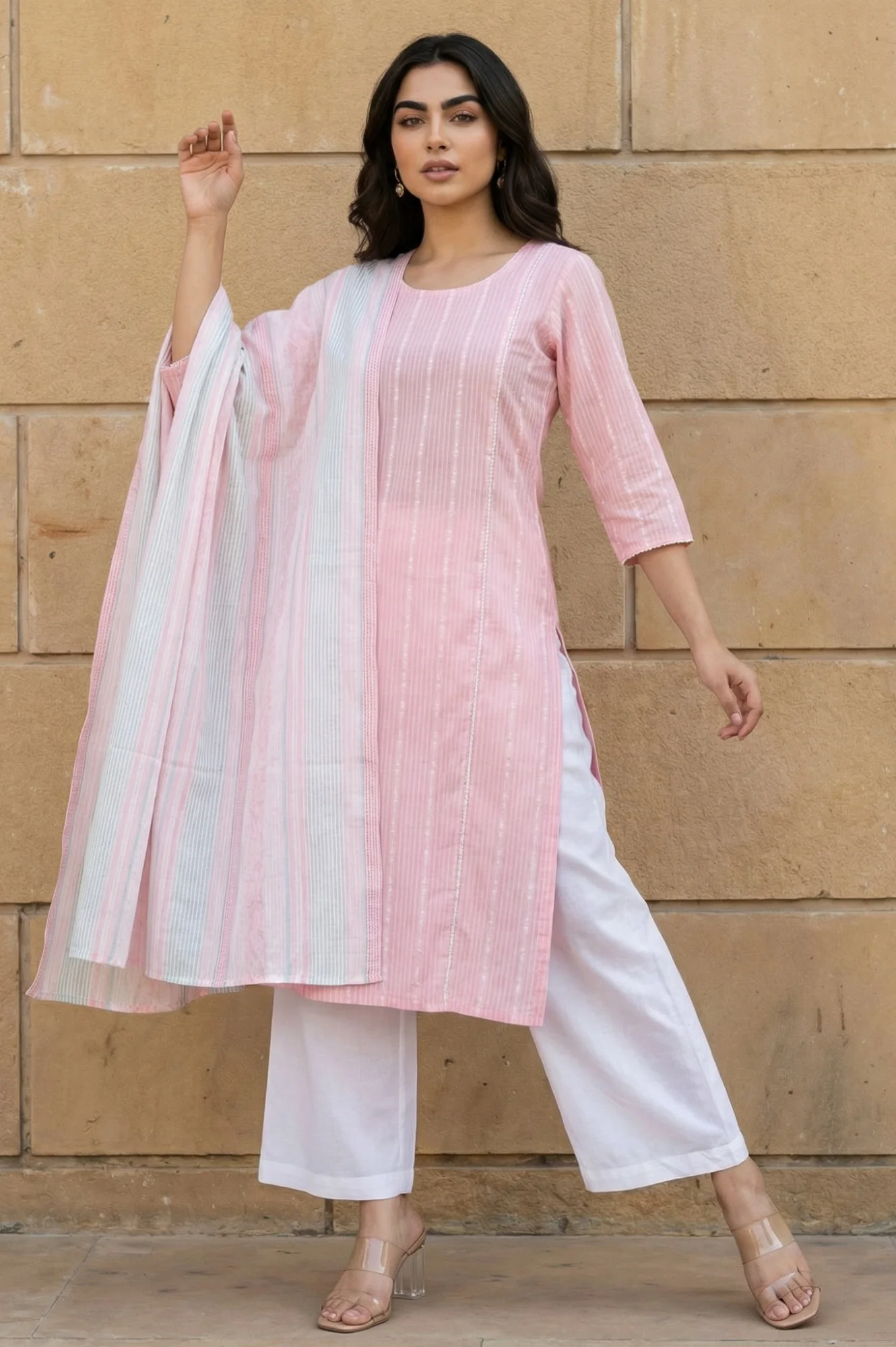 Pink Yarn Dyed Striped Cotton Blend Dupatta - Image 5