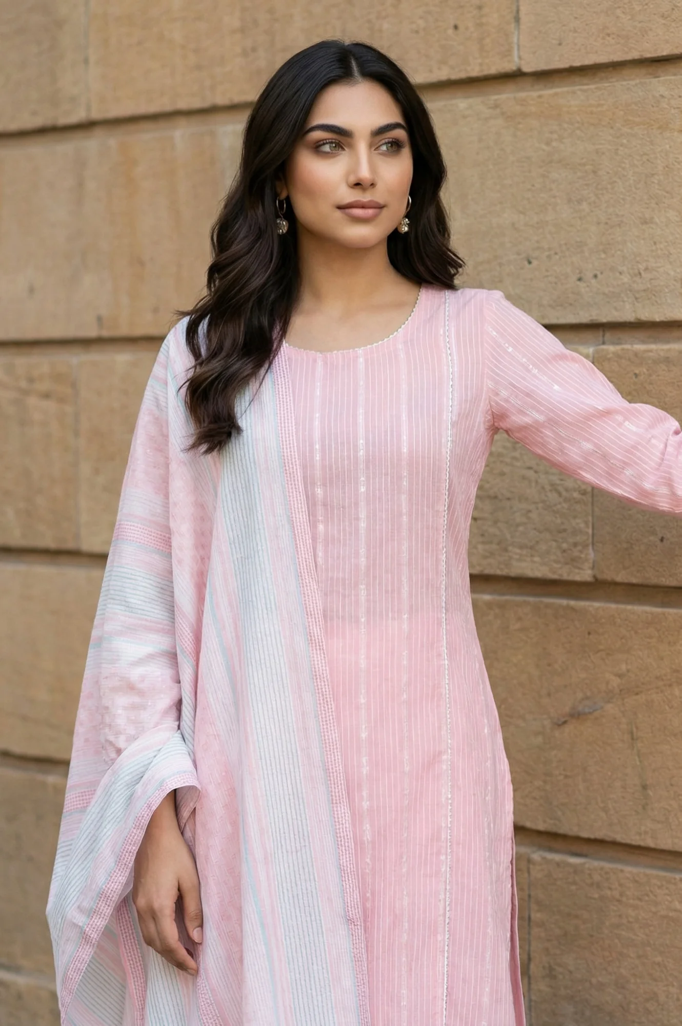 Pink Yarn Dyed Striped Cotton Blend Dupatta - Image 6