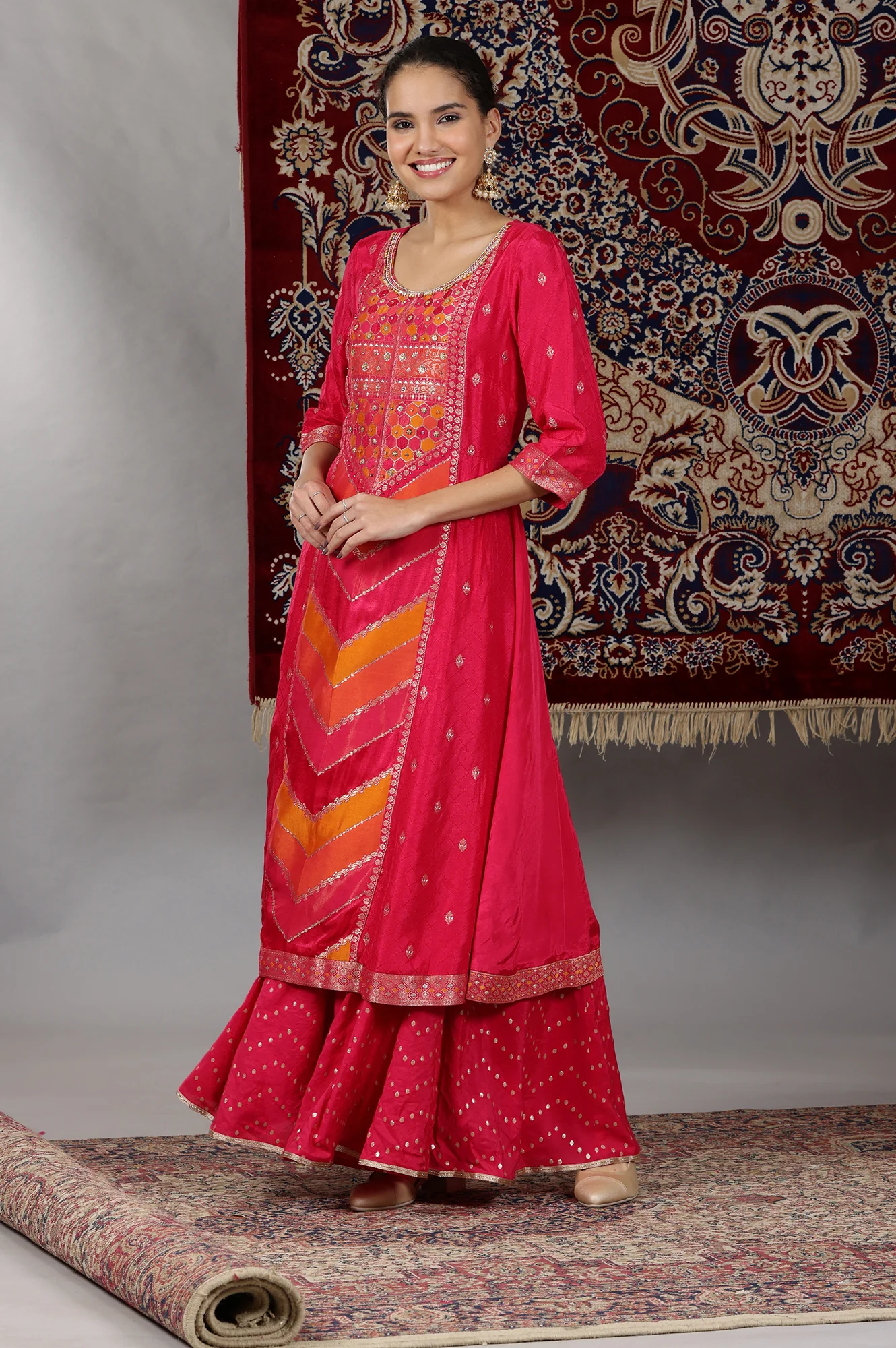 Pink Yarn Dyed Zari Embroidered Anarkali Kurta, Flared Palazzo and Dupatta Set - Image 5