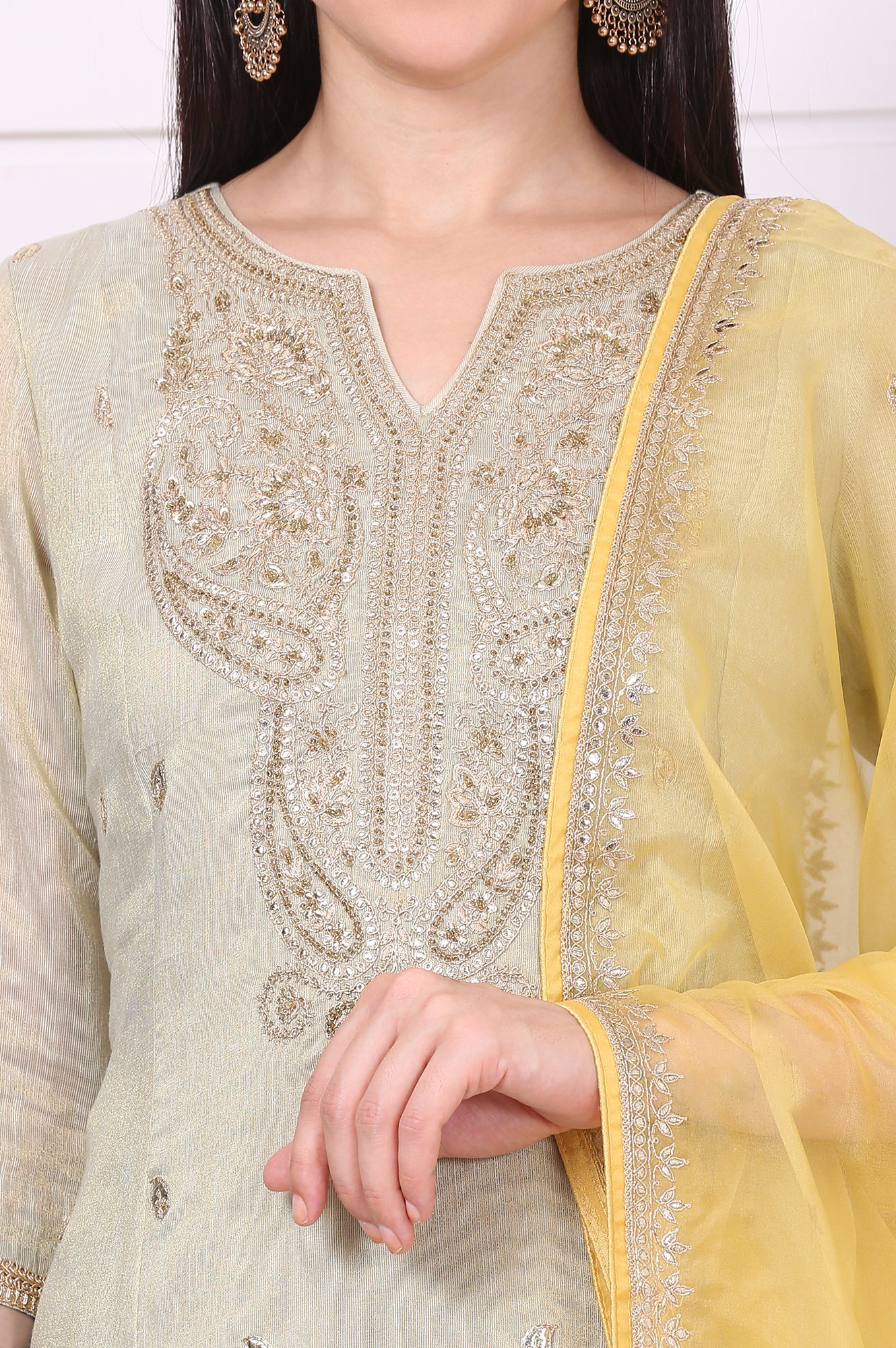 Pista Green Zari Embroidered Anarkali Festive Kurta, Trousers and Dupatta Set - Image 3
