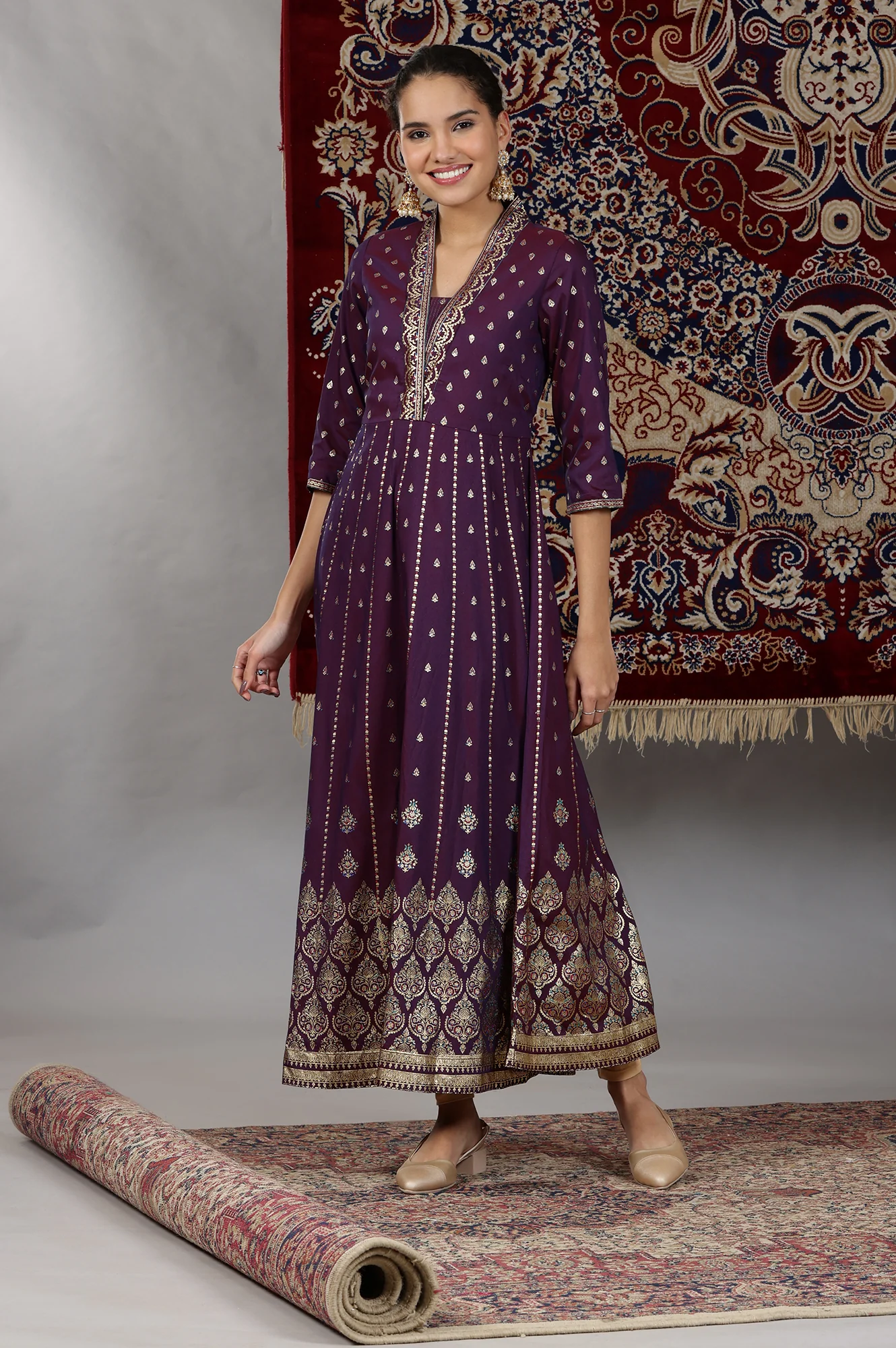 Plum Purple Floral Gold Printed Flared Kalidar Kurta - Image 7