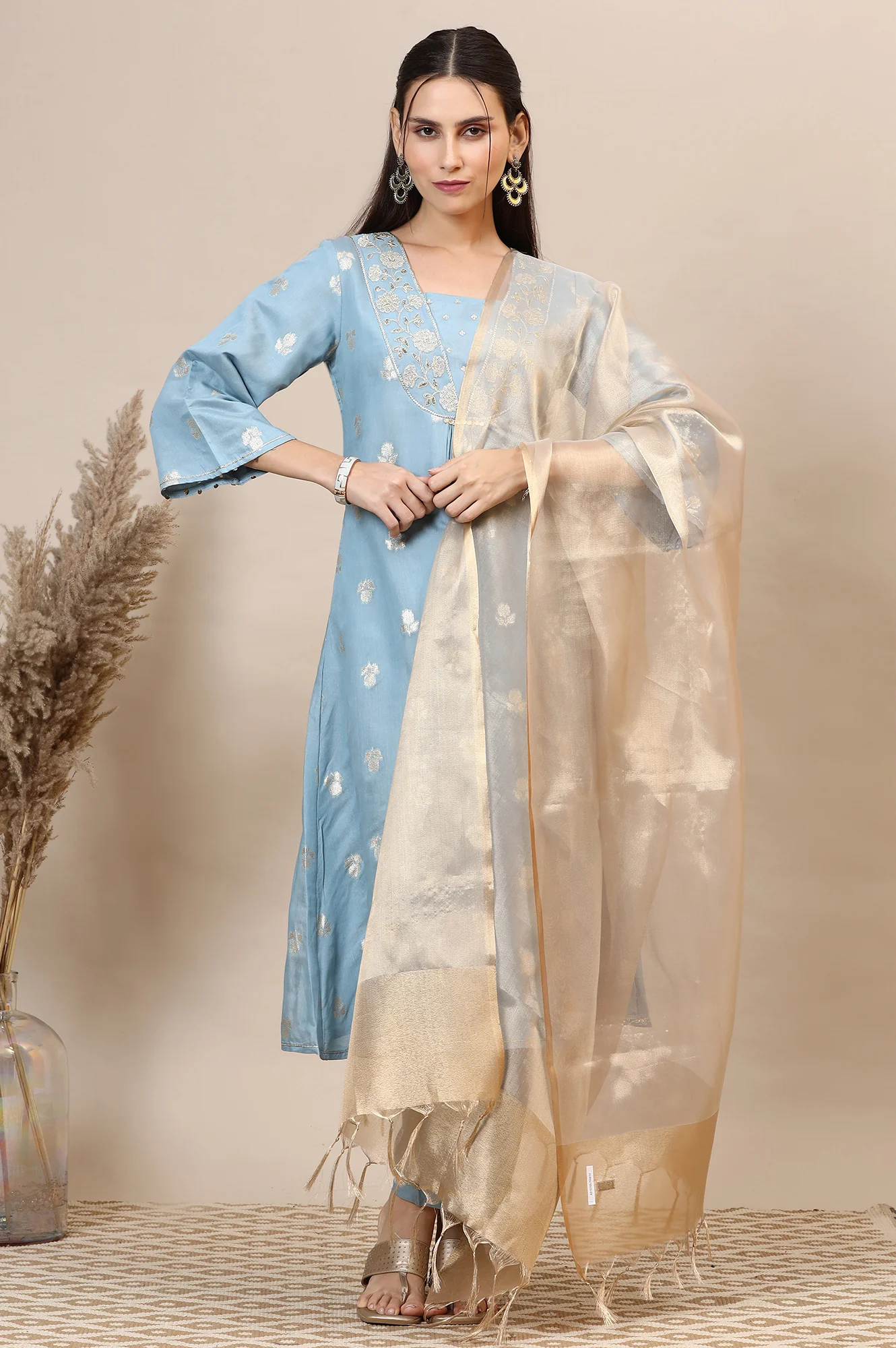 Powder Blue Dori Embroidered A-line Kurta, Palazzos and Dupatta Set - Image 3