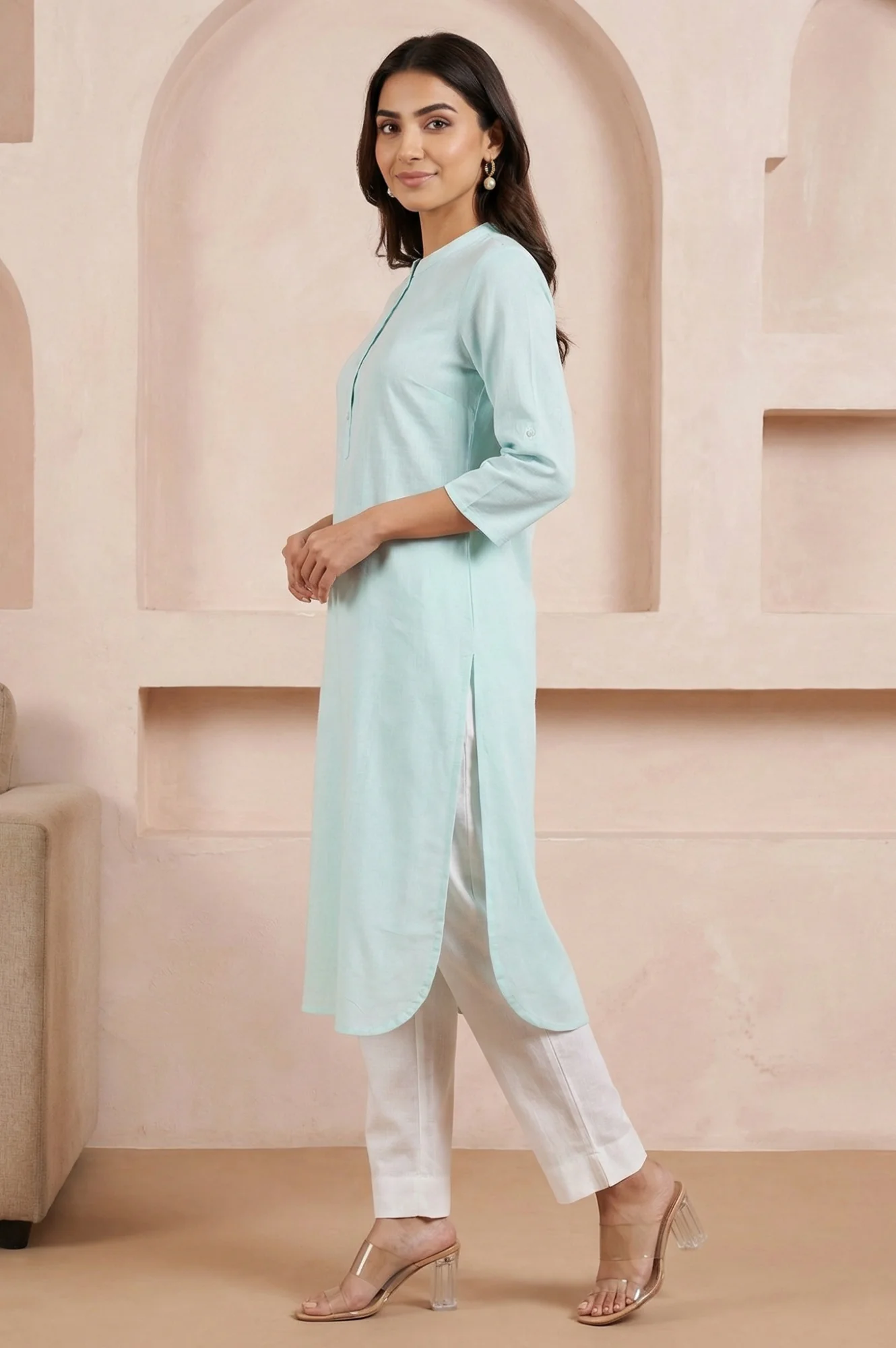Powder Blue Solid Cotton Rayon Flax Straight Kurta and Trouser Co-ord Set - Image 3