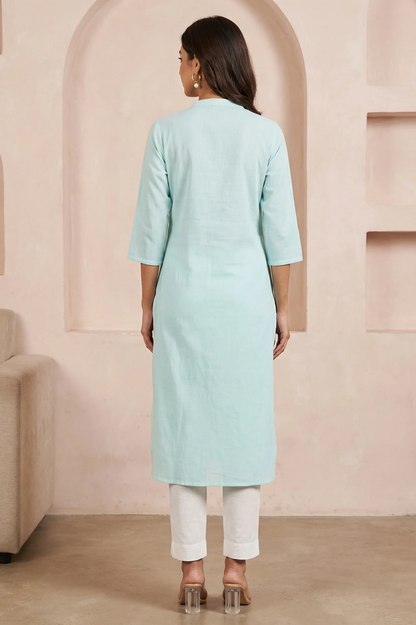 Powder Blue Solid Cotton Rayon Flax Straight Kurta and Trouser Co-ord Set - Image 4