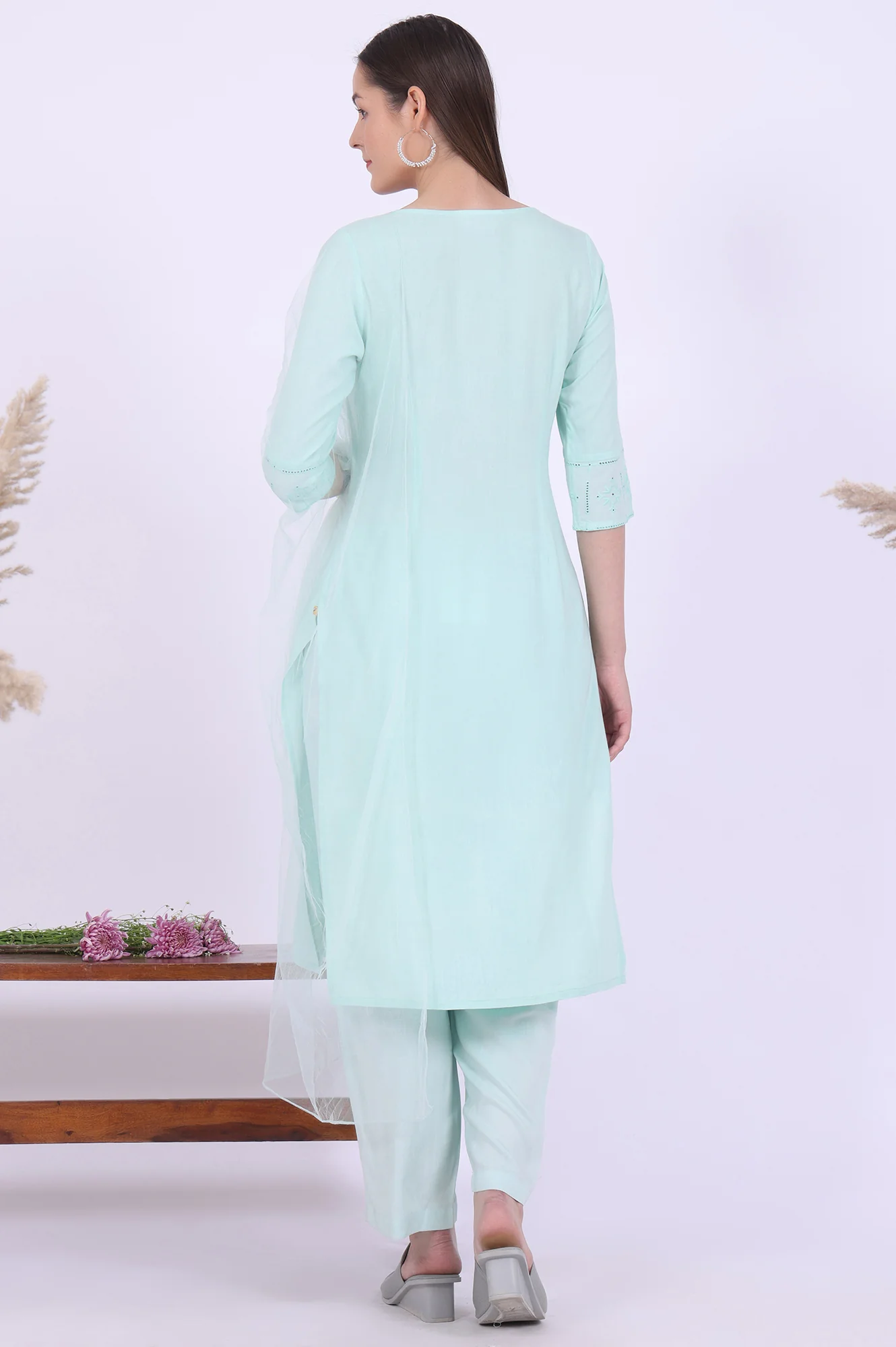 Powder Mint Green Schiffli Embroidered Straight Rayon Kurta, Palazzo and Dupatta Set - Image 6