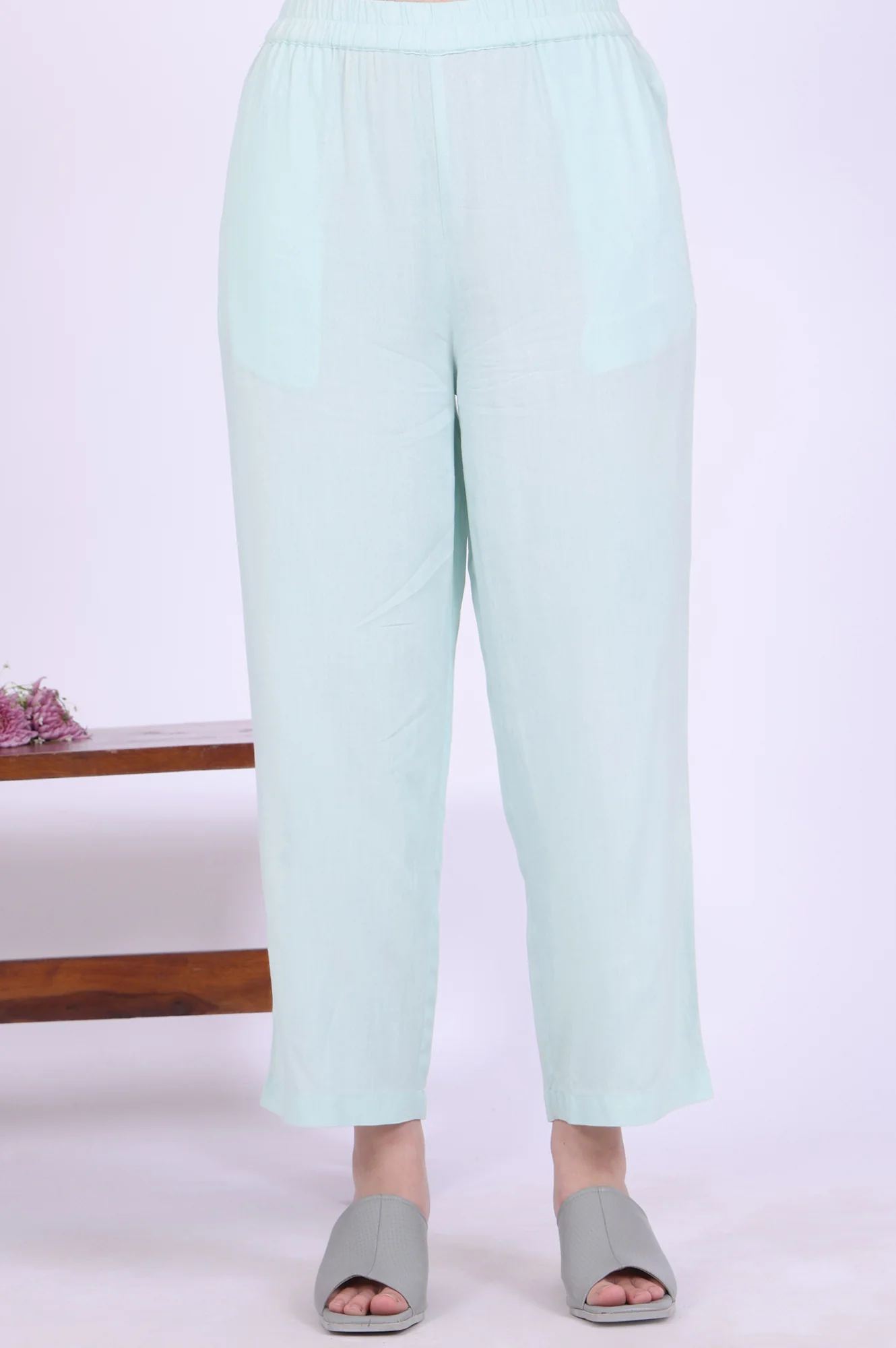 Powder Mint Green Schiffli Embroidered Straight Rayon Kurta, Palazzo and Dupatta Set - Image 8