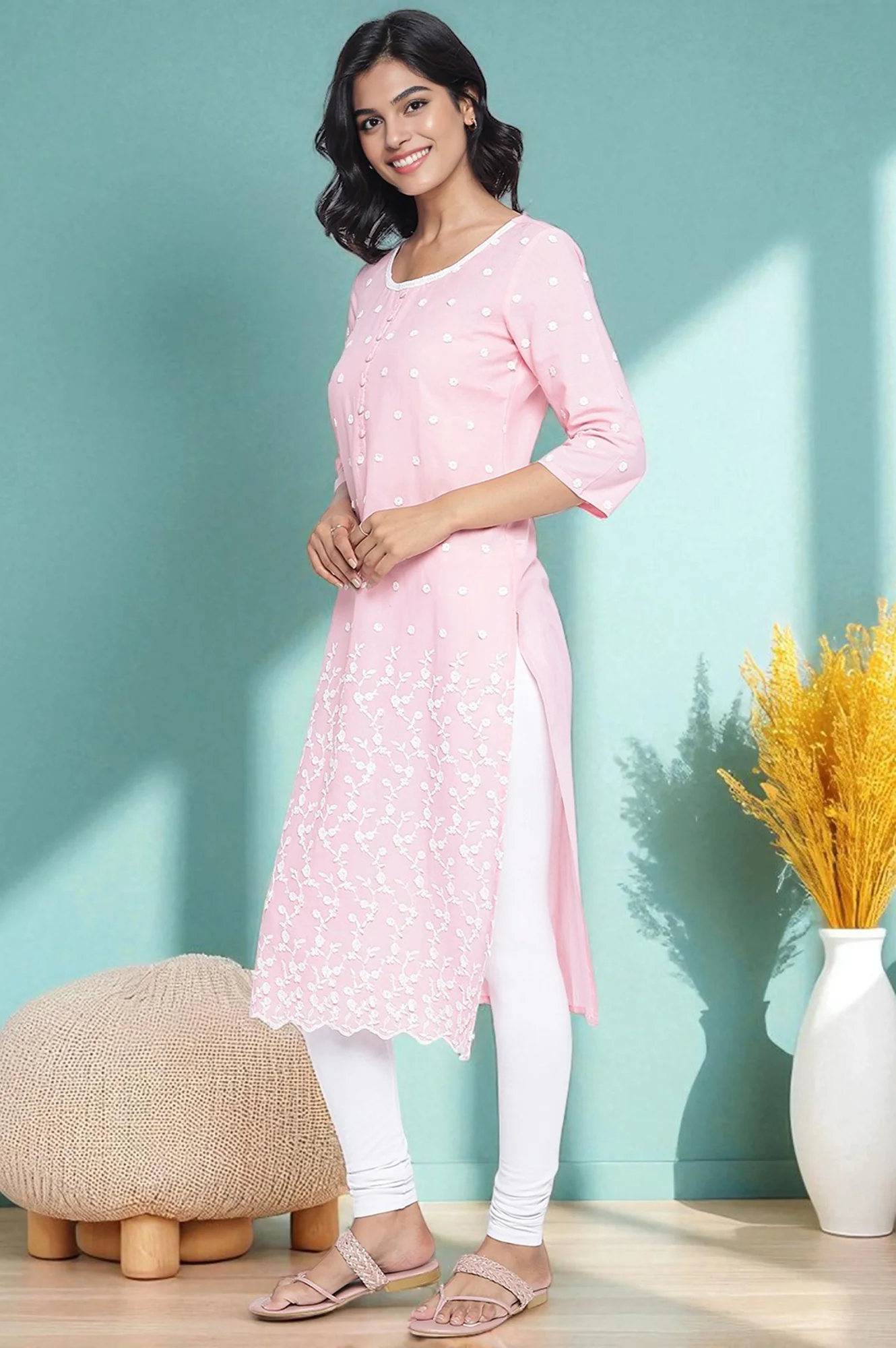 Powder Pink Solid Schiffli Pure Cotton Straight Kurta - Image 3