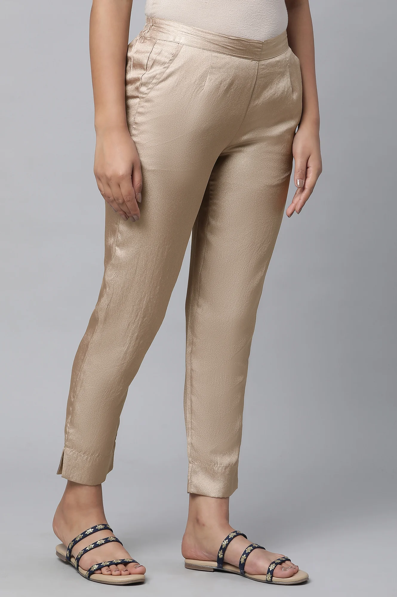 Gold Solid Straight Fit Satin Pants With Elasticated Waist - Image 4