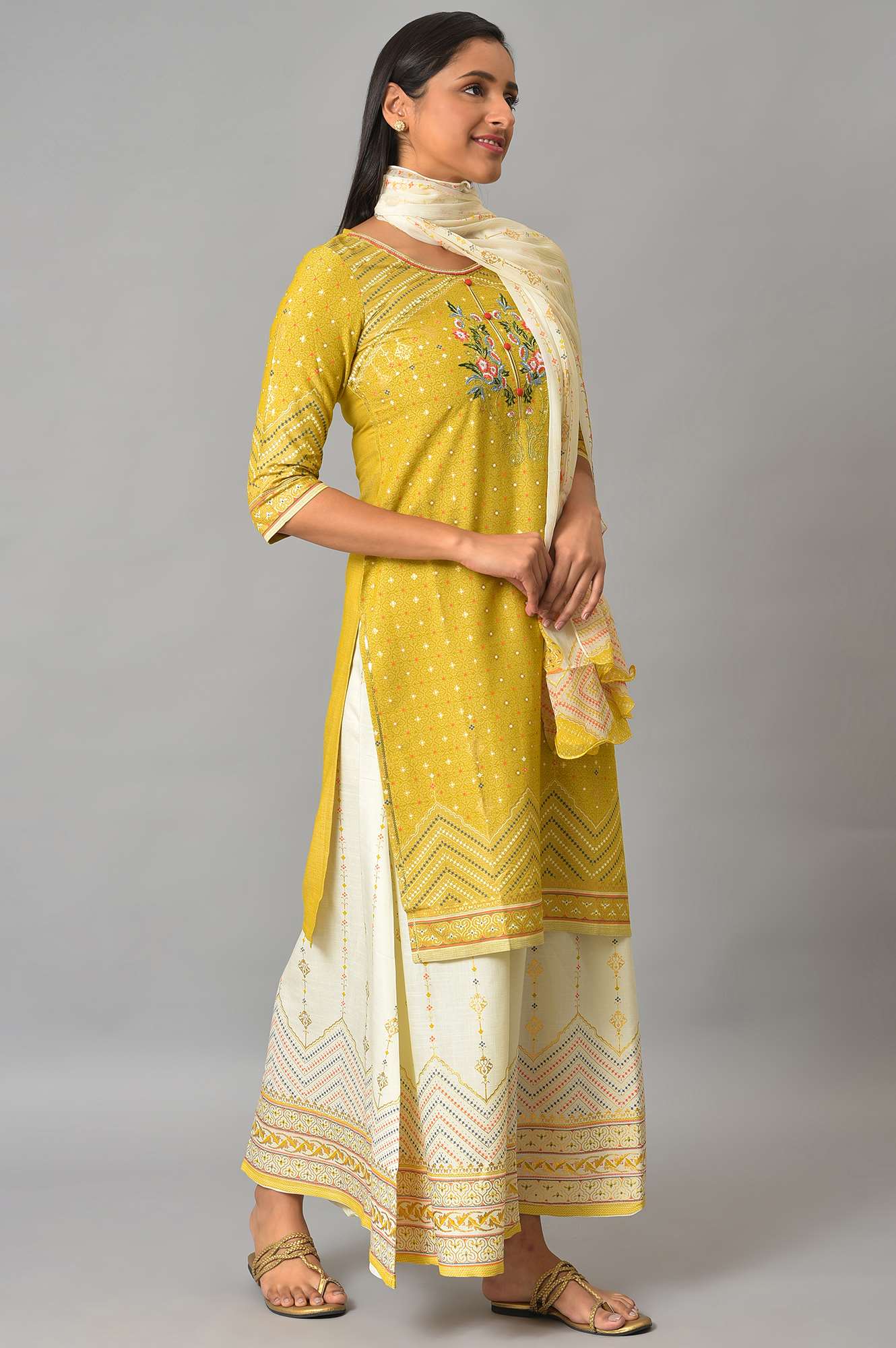 Aurelia Cream Gold kurta-Semi Flare Palazzo-Dupatta - Image 4