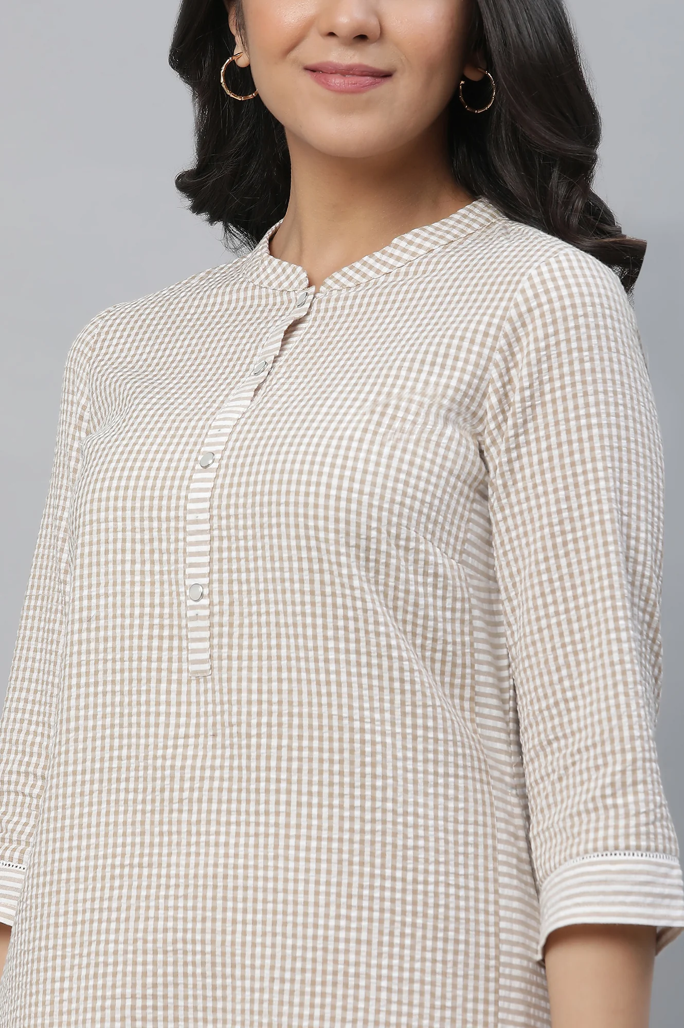 Beige Checker Textured Cotton Kurta and Palazzo Co-ord Set - Image 6