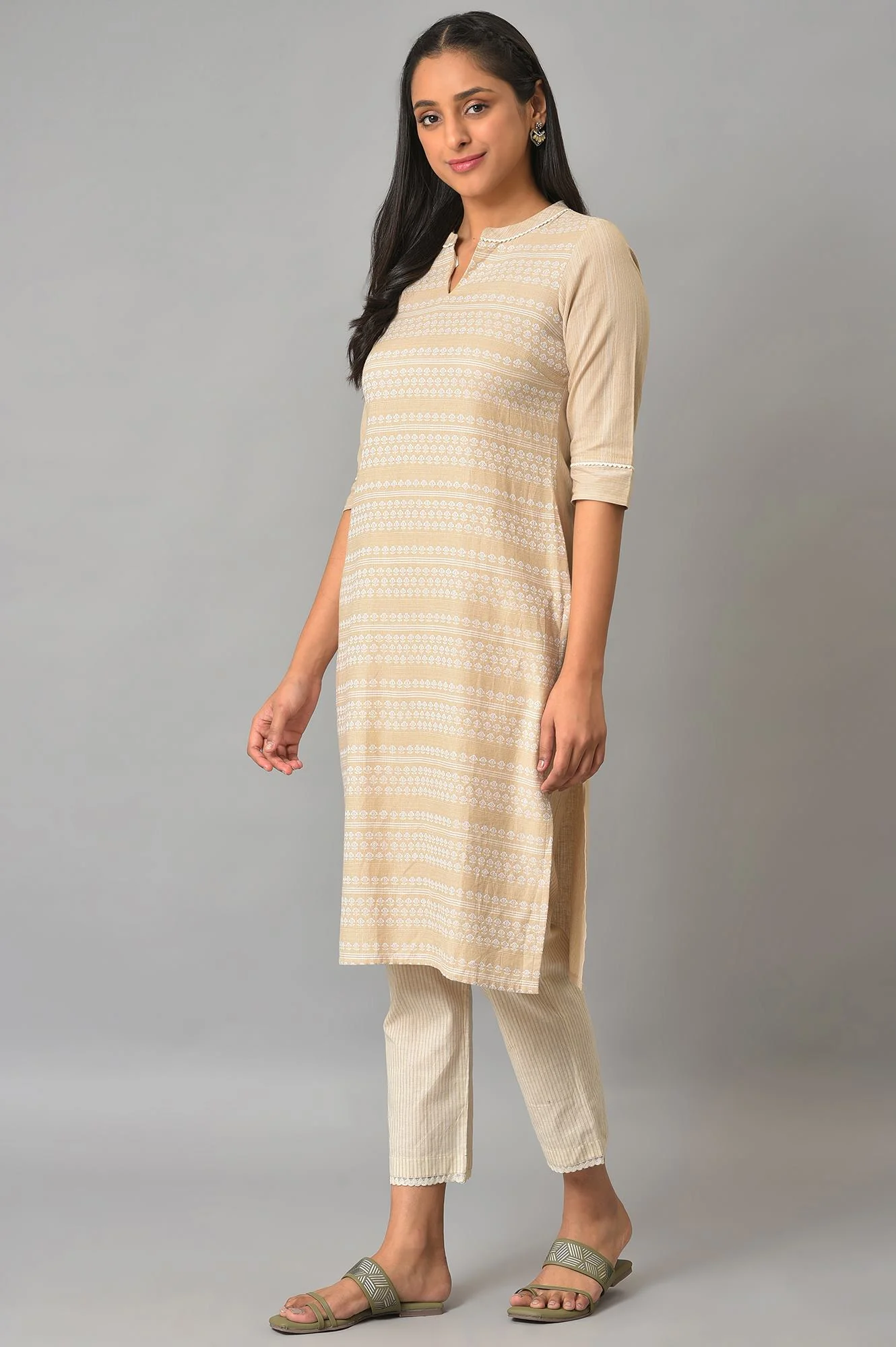 Beige Cotton Dobby Printed kurta - Image 3
