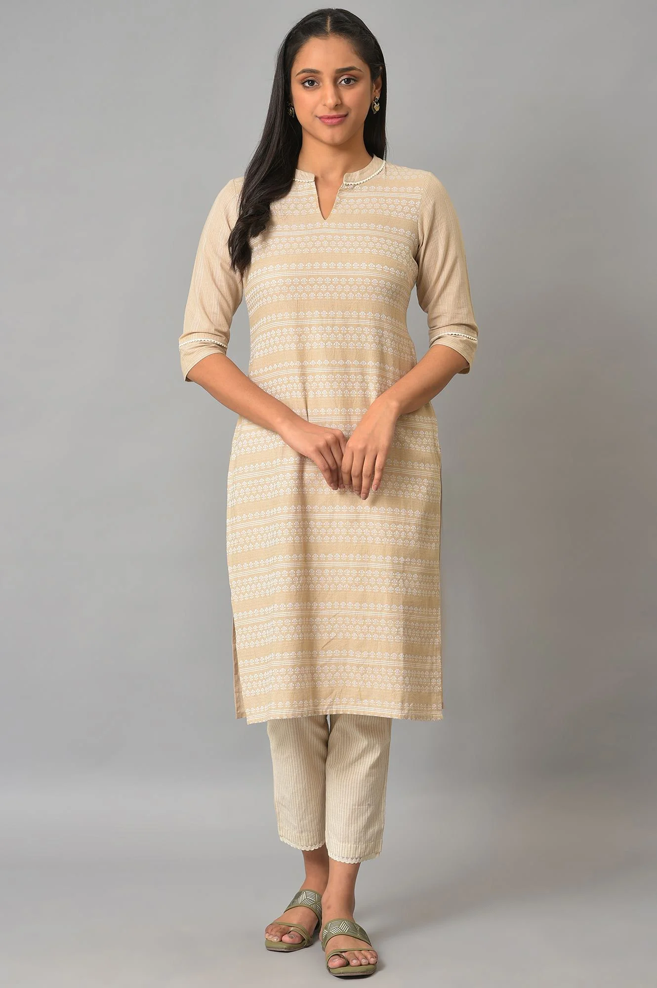 Beige Cotton Dobby Printed kurta - Image 6