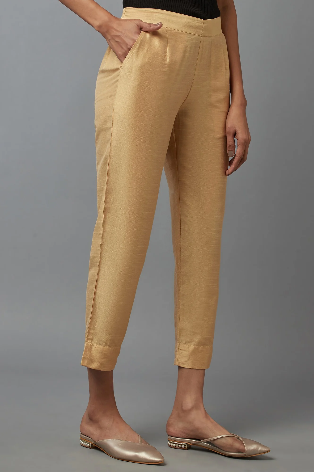 Gold Solid Straight Fit Woven Trousers With Elasticated Waistband - Image 4