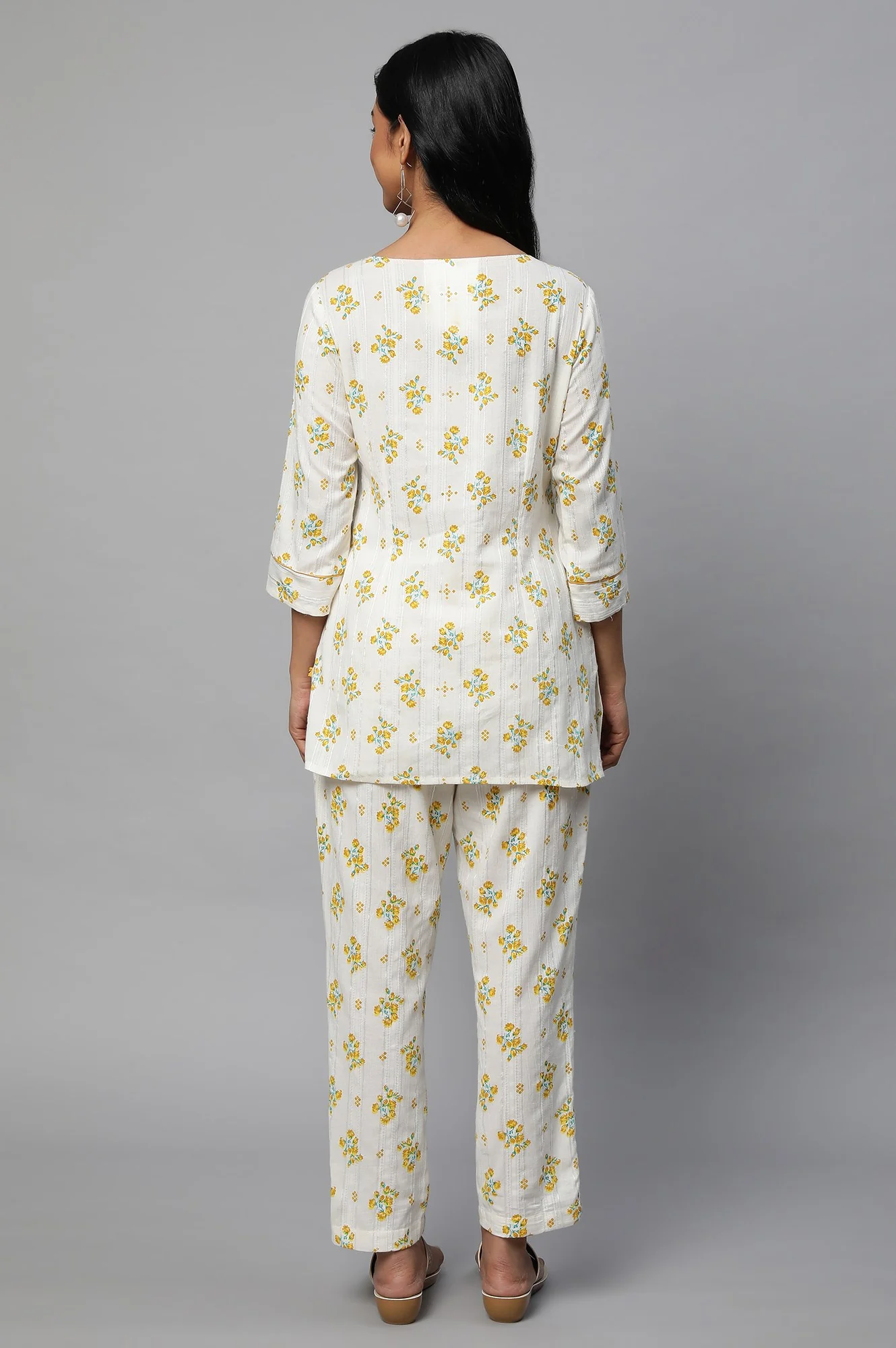 Beige Floral Print Summer kurta Co-Ord Set - Image 2