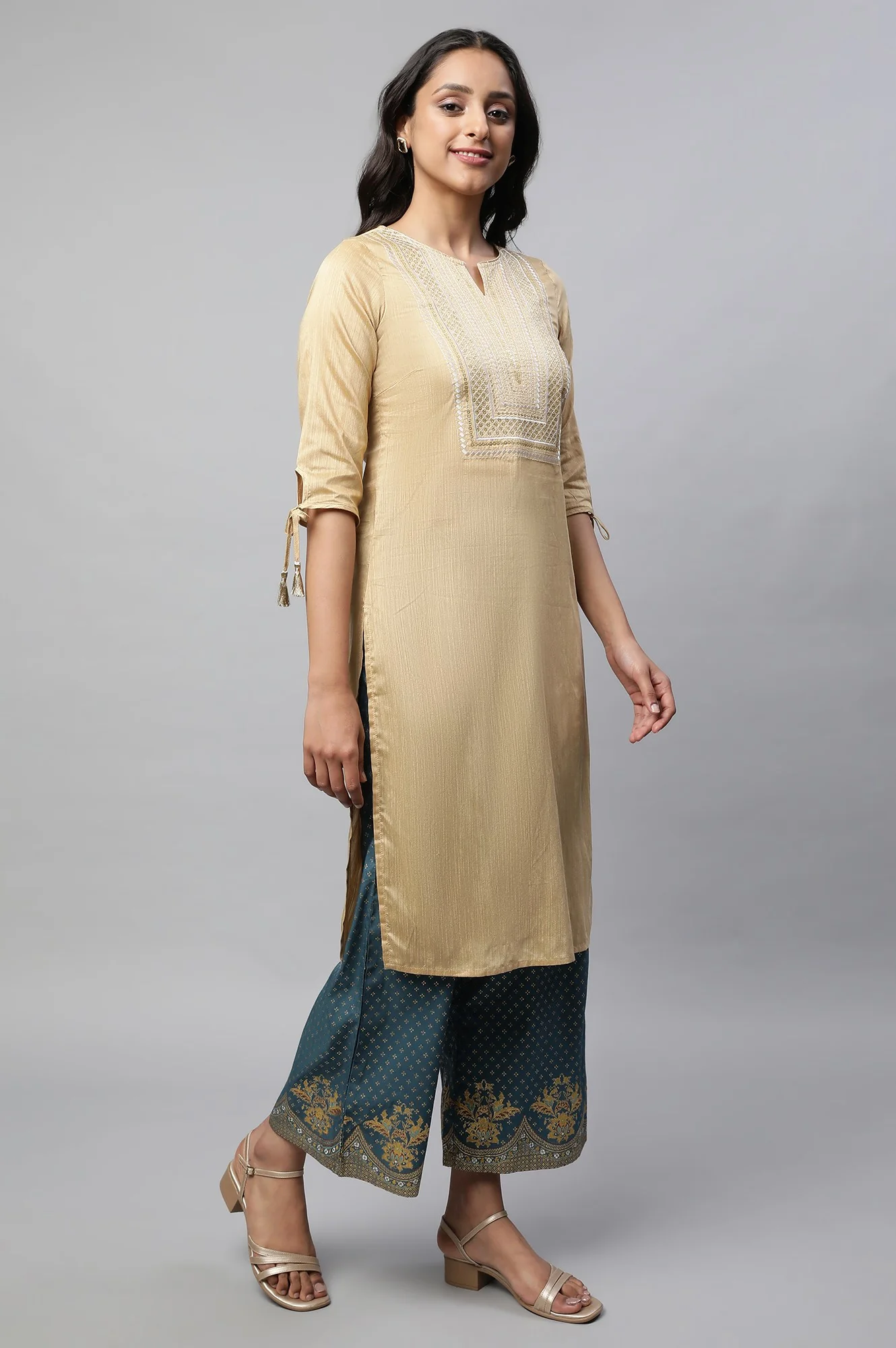 Beige Light Festive Zari Embroidered kurta - Image 4