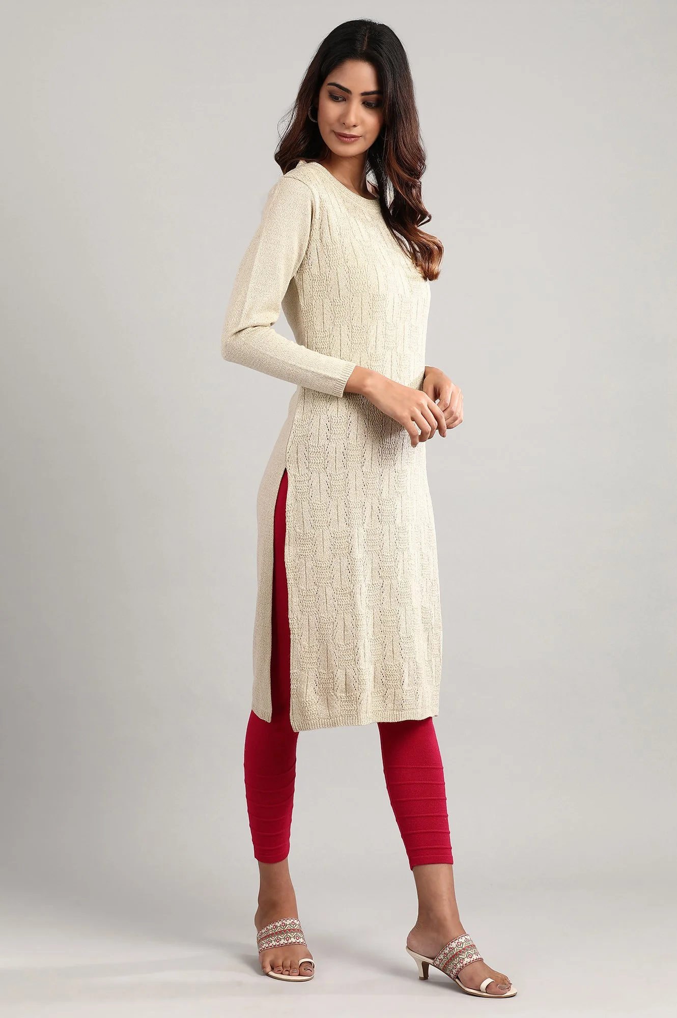 Beige Round Neck Winter kurta - Image 4