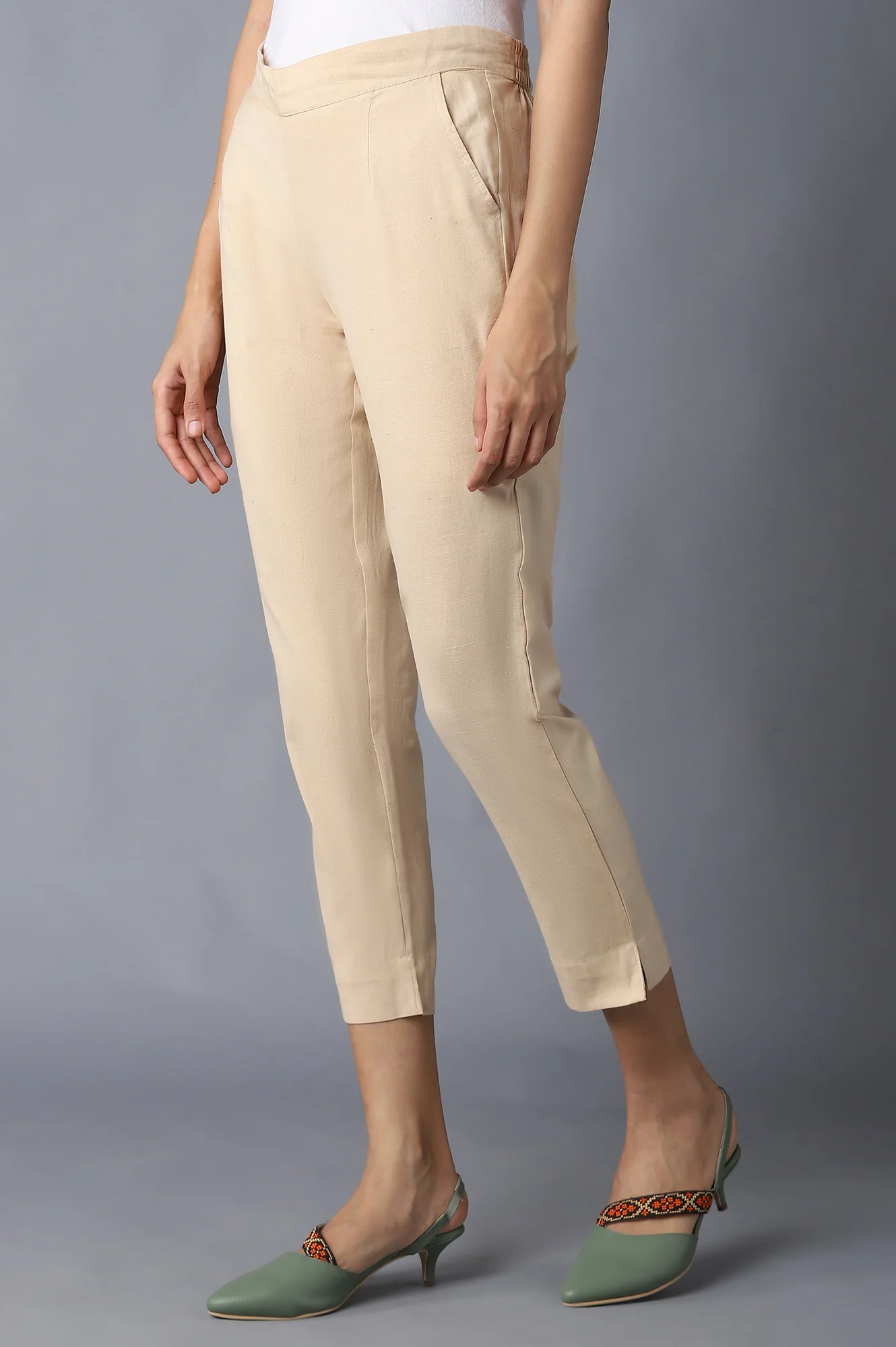 Beige Solid Trousers - Image 3
