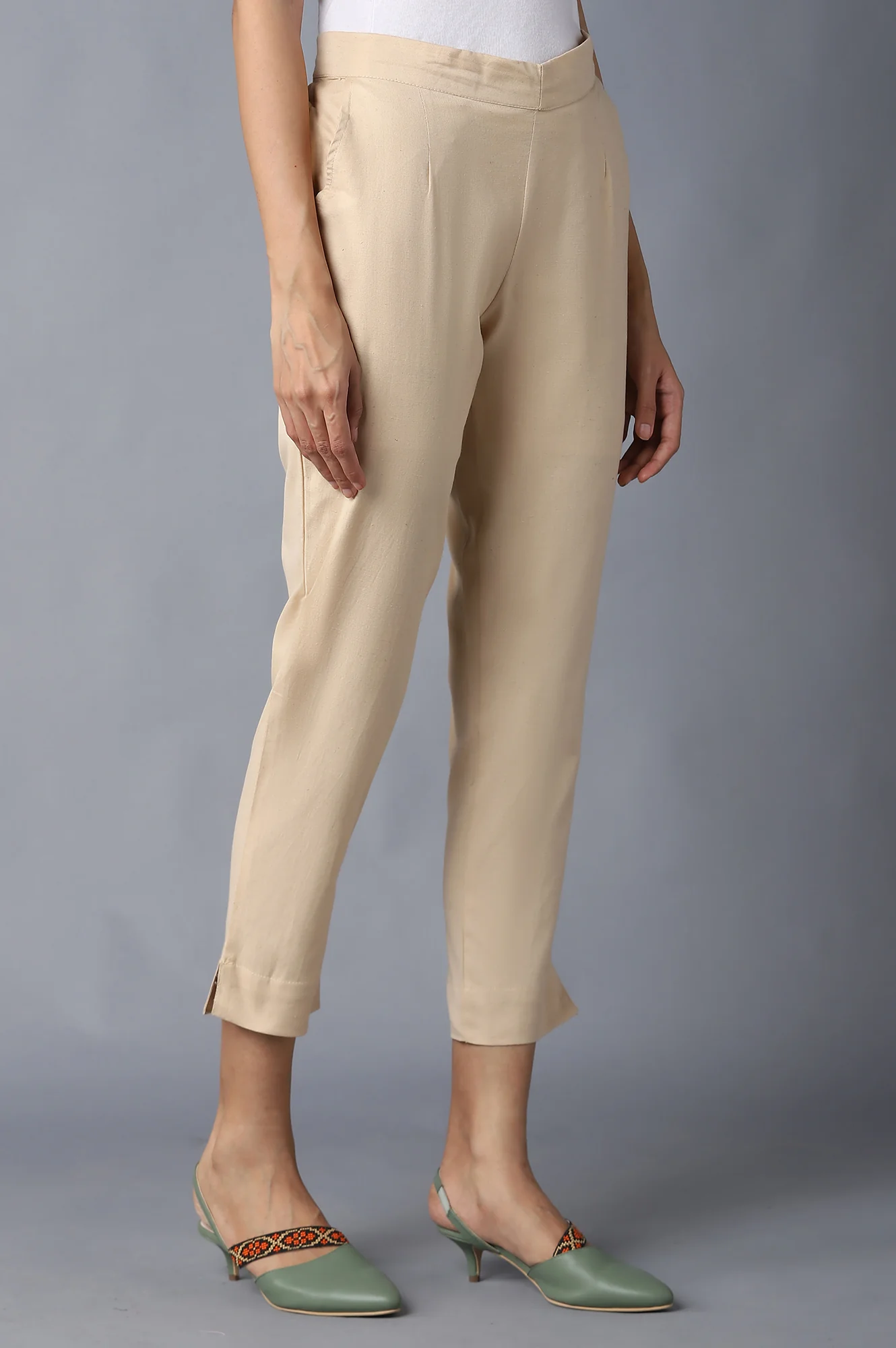 Beige Solid Trousers - Image 4