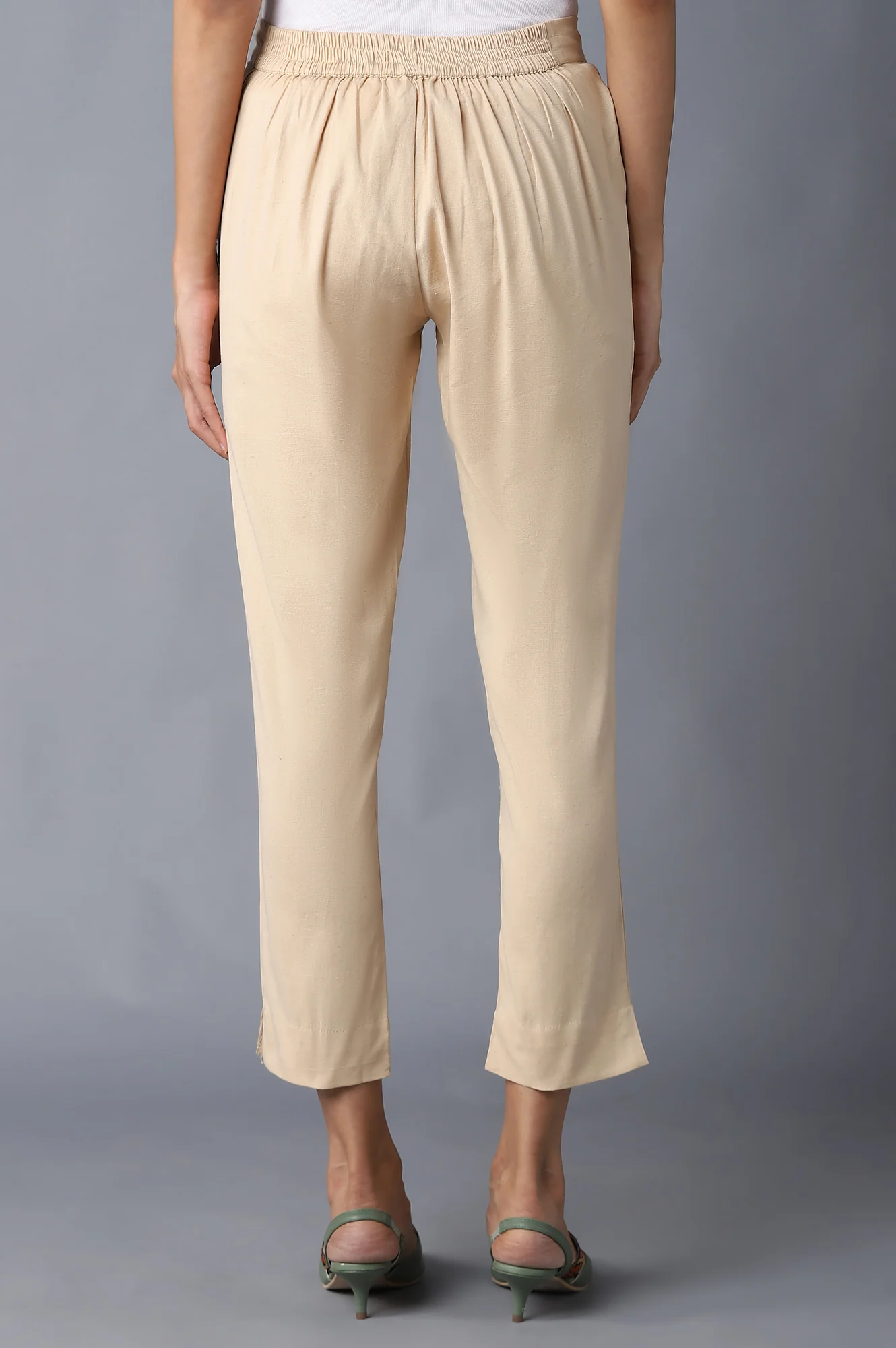 Beige Solid Trousers - Image 2