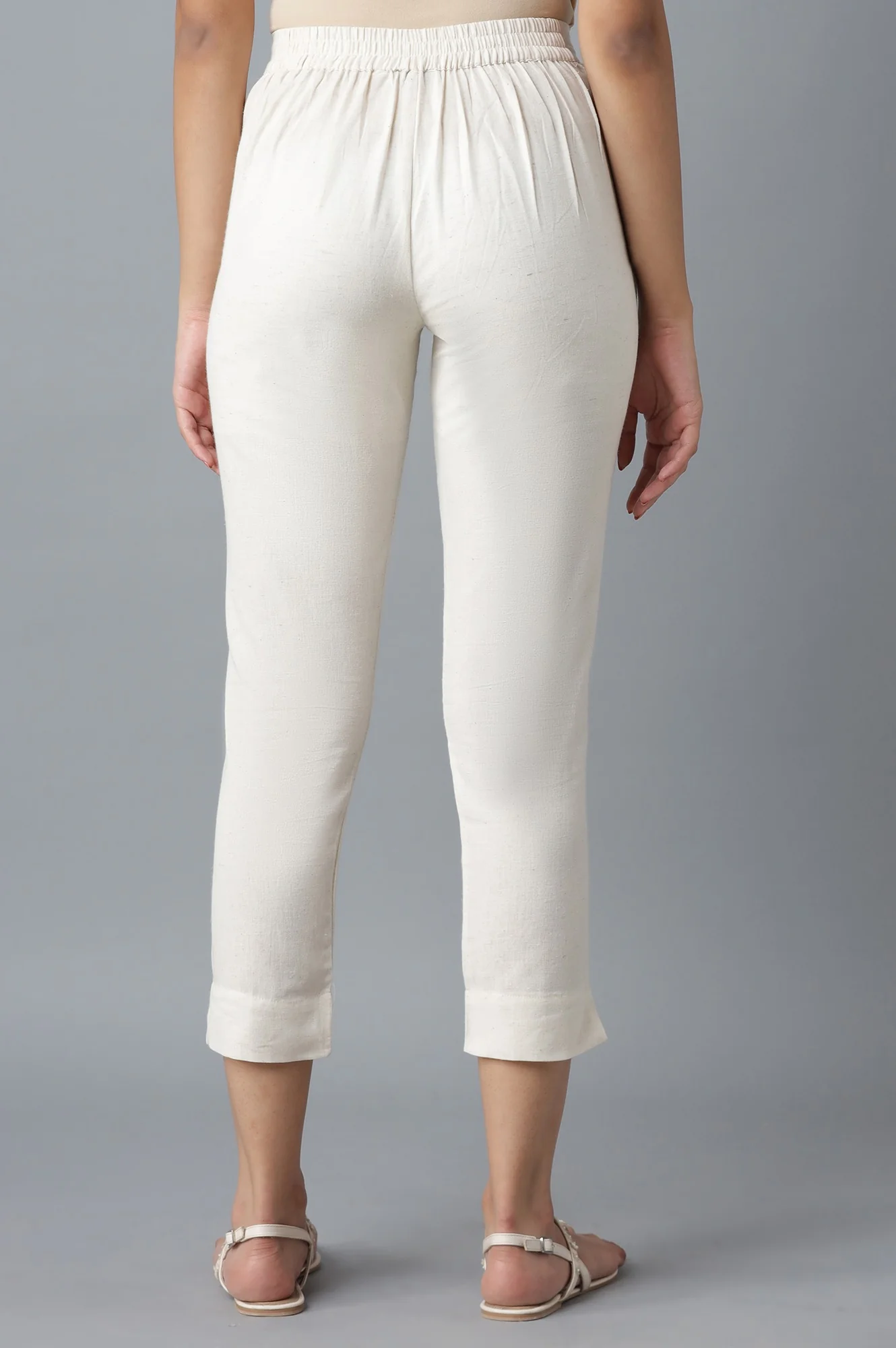 Beige Solid Straight Fit Cotton Trousers With Elasticated Waist - Image 2