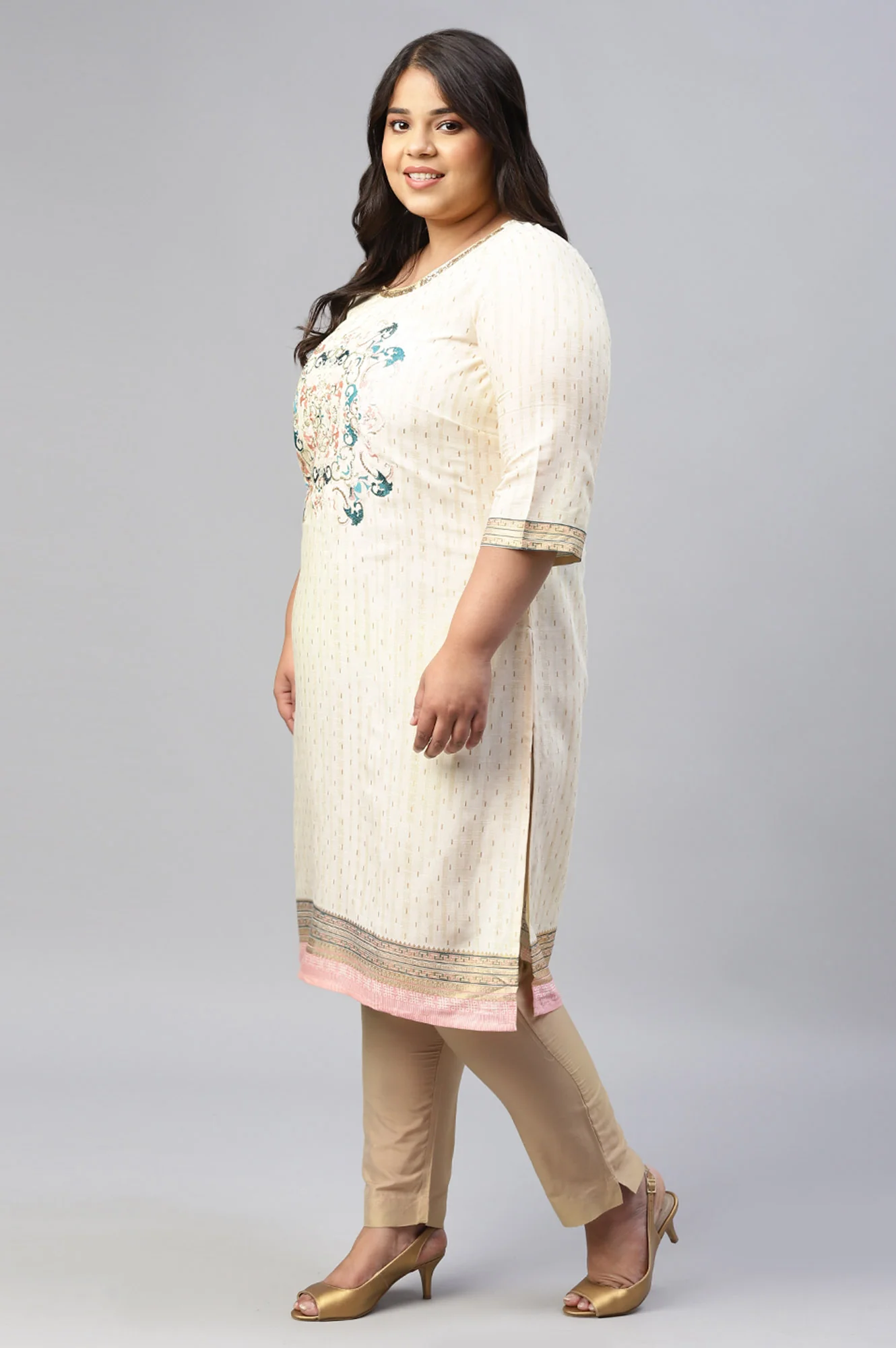 Beige Viscose Embroidered Plus Size kurta - Image 3