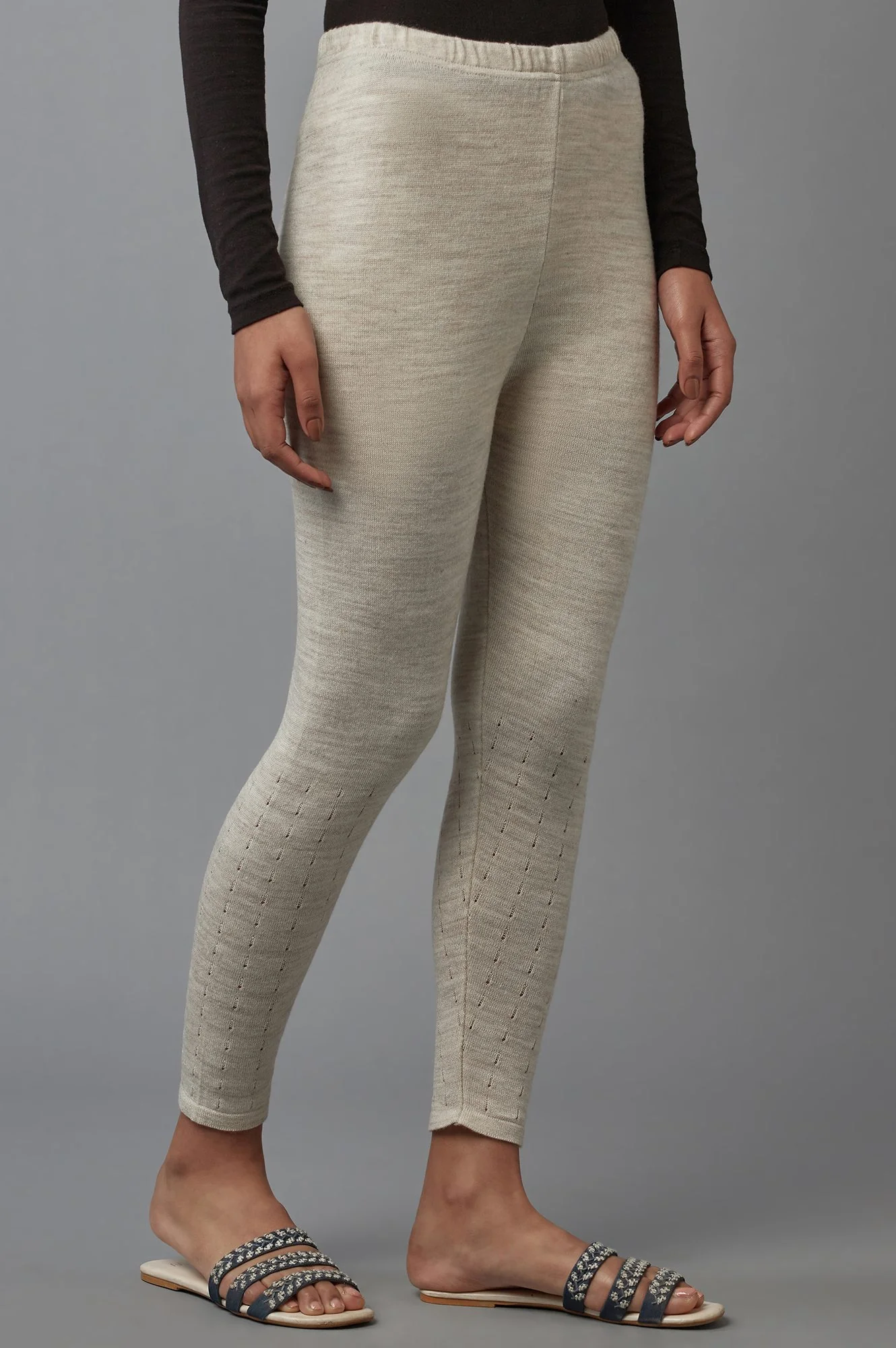Beige Solid Straight Fit Acrylic Palazzo With Elasticated Waist - Image 4